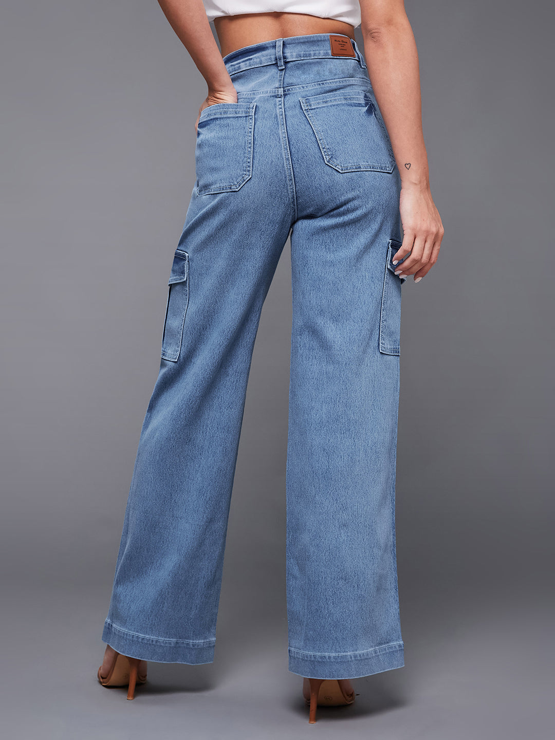 24/7 Comfort Women's Light Blue Wide Leg High Rise Stretchable Flared Cargo Denim Jeans