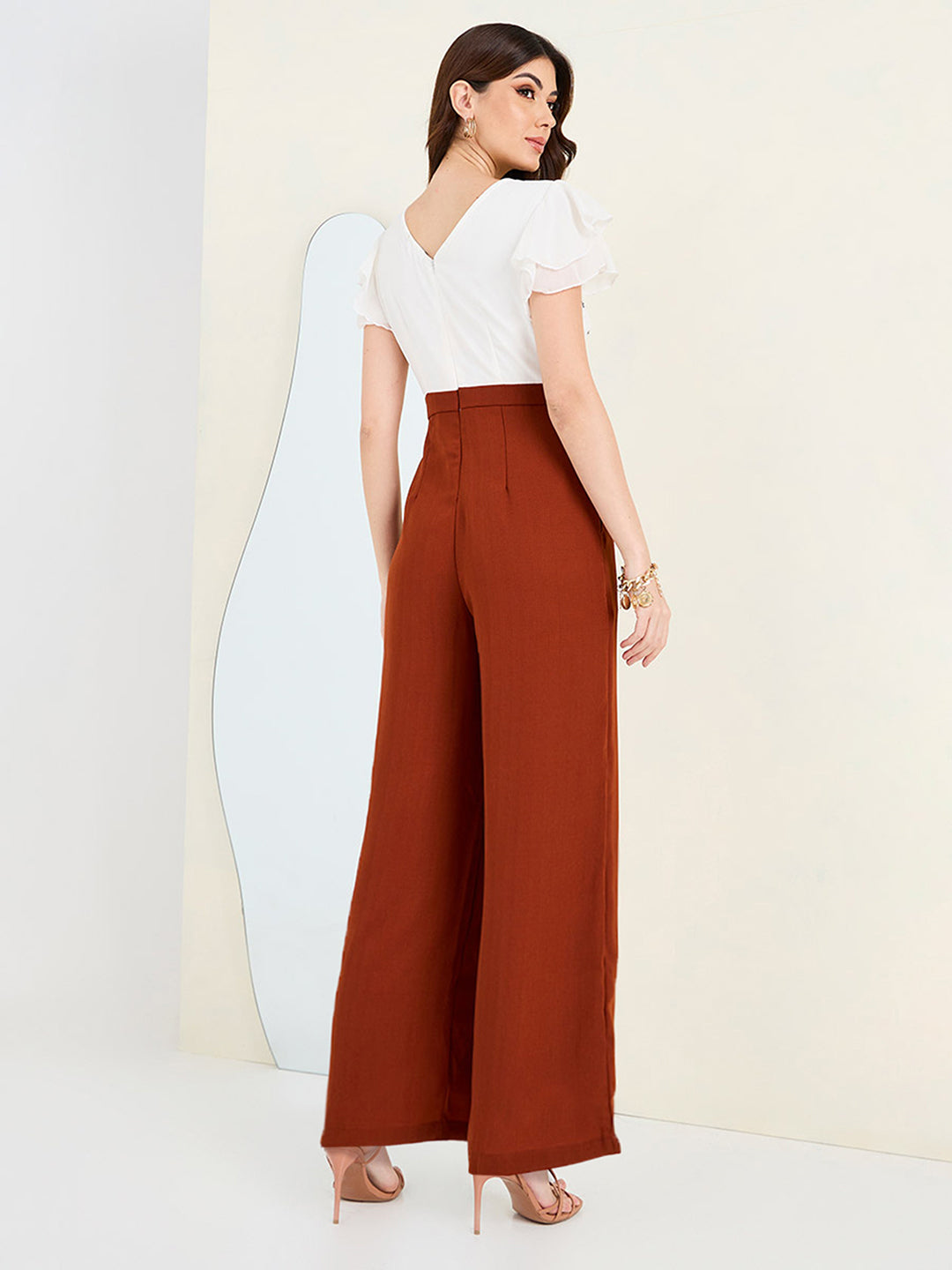 Women's Off White & Rust Round-Neck Extended Sleeve Embellished Regular Jumpsuit