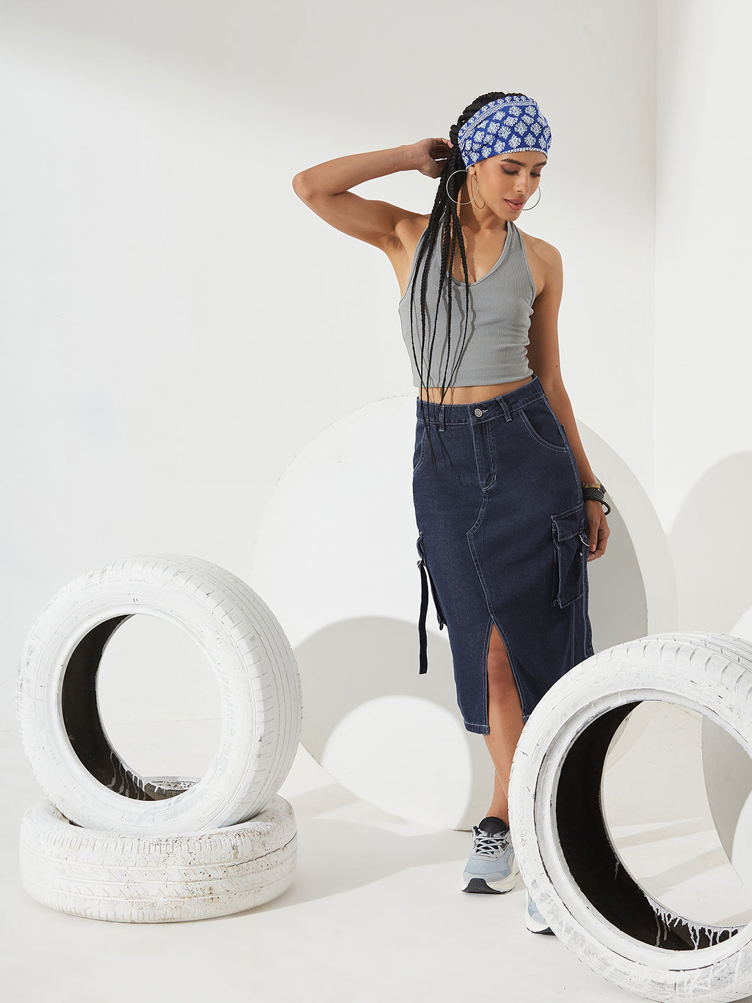 Navy Blue Straight High-Rise Midi Denim Skirt for Women