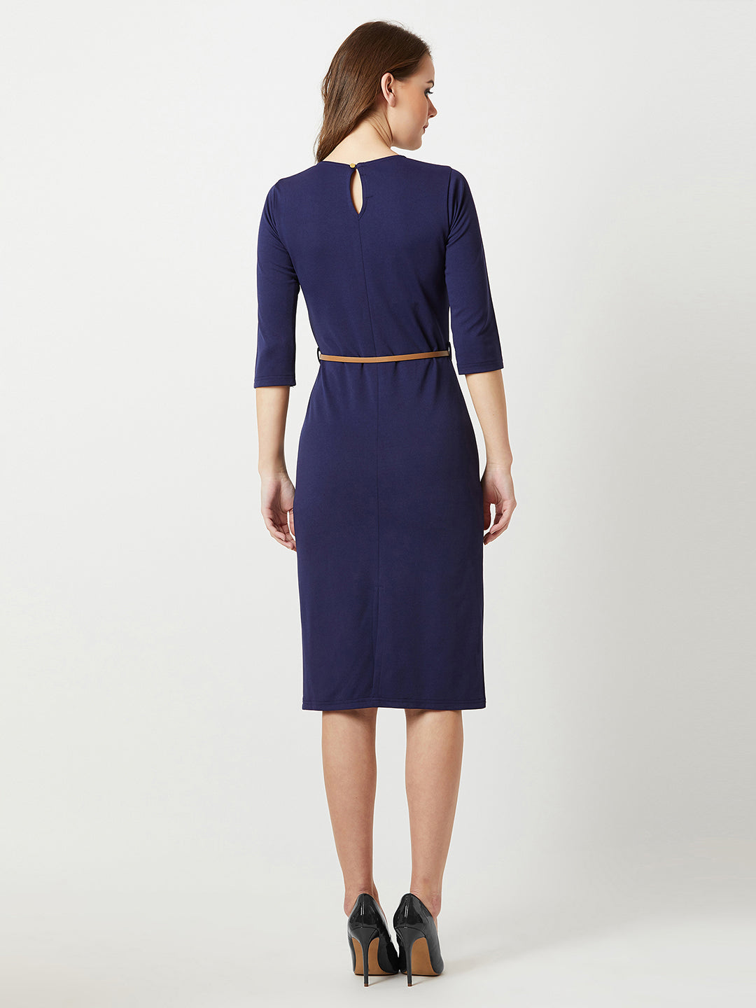 Crease Ease Women's Navy Blue Round Neck 3/4 Sleeve Solid Belted Bodycon Midi Dress