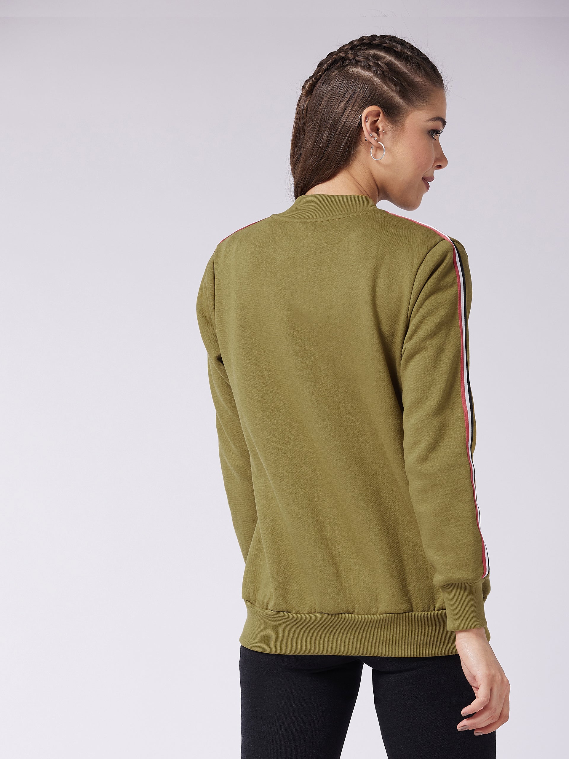 Women's Olive V-Neck Full Sleeve Solid Bomber Regular Jacket