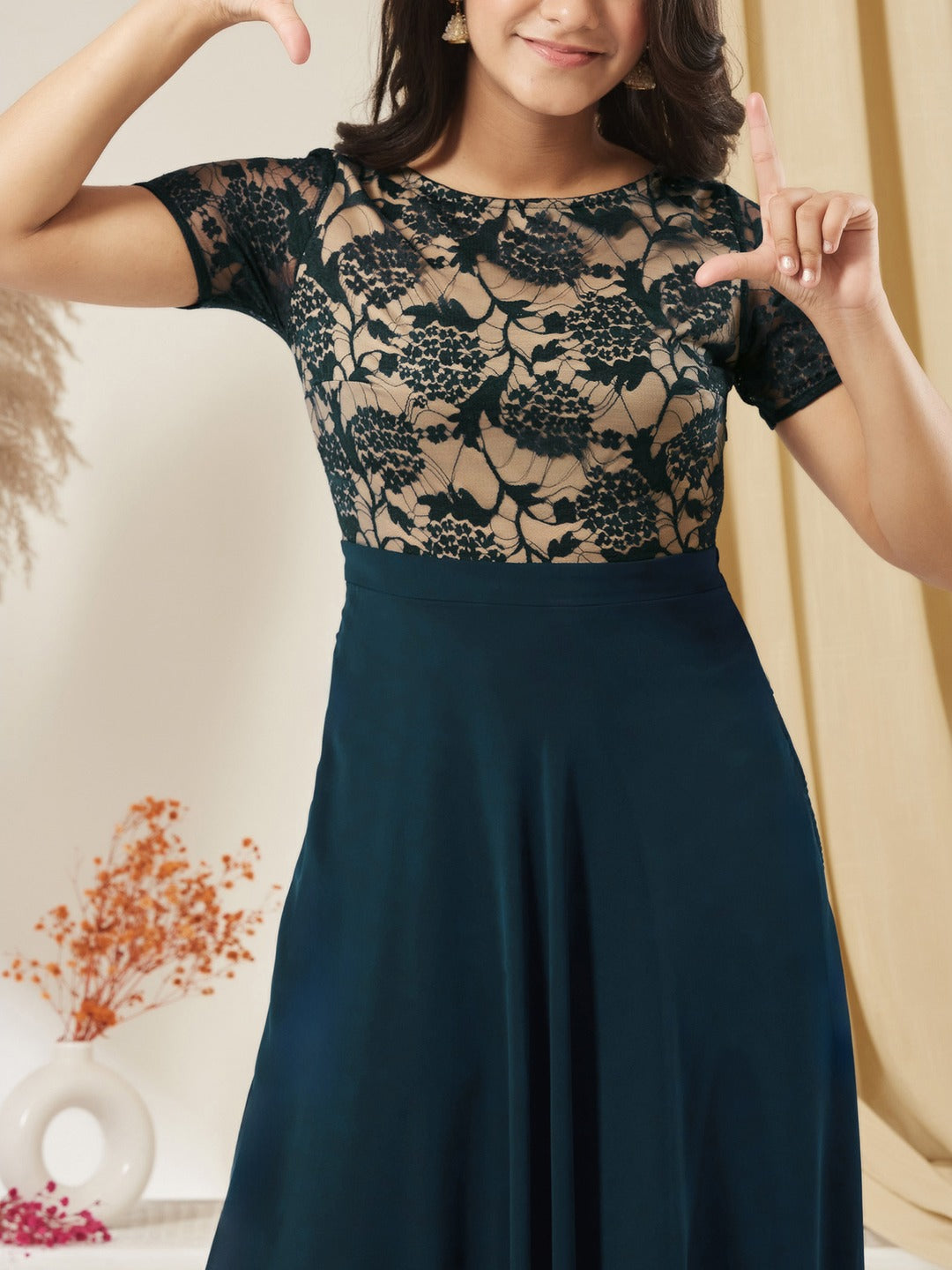 Teal Round Neck Half Sleeve Self Design Fit & Flare Georgette Maxi Dress for Girls/Teenagers