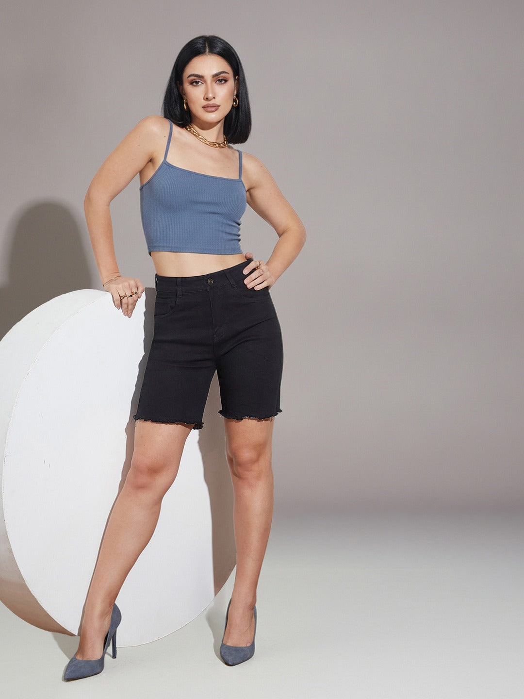Black High Rise Above Knee Stretchable Denim Shorts for Women