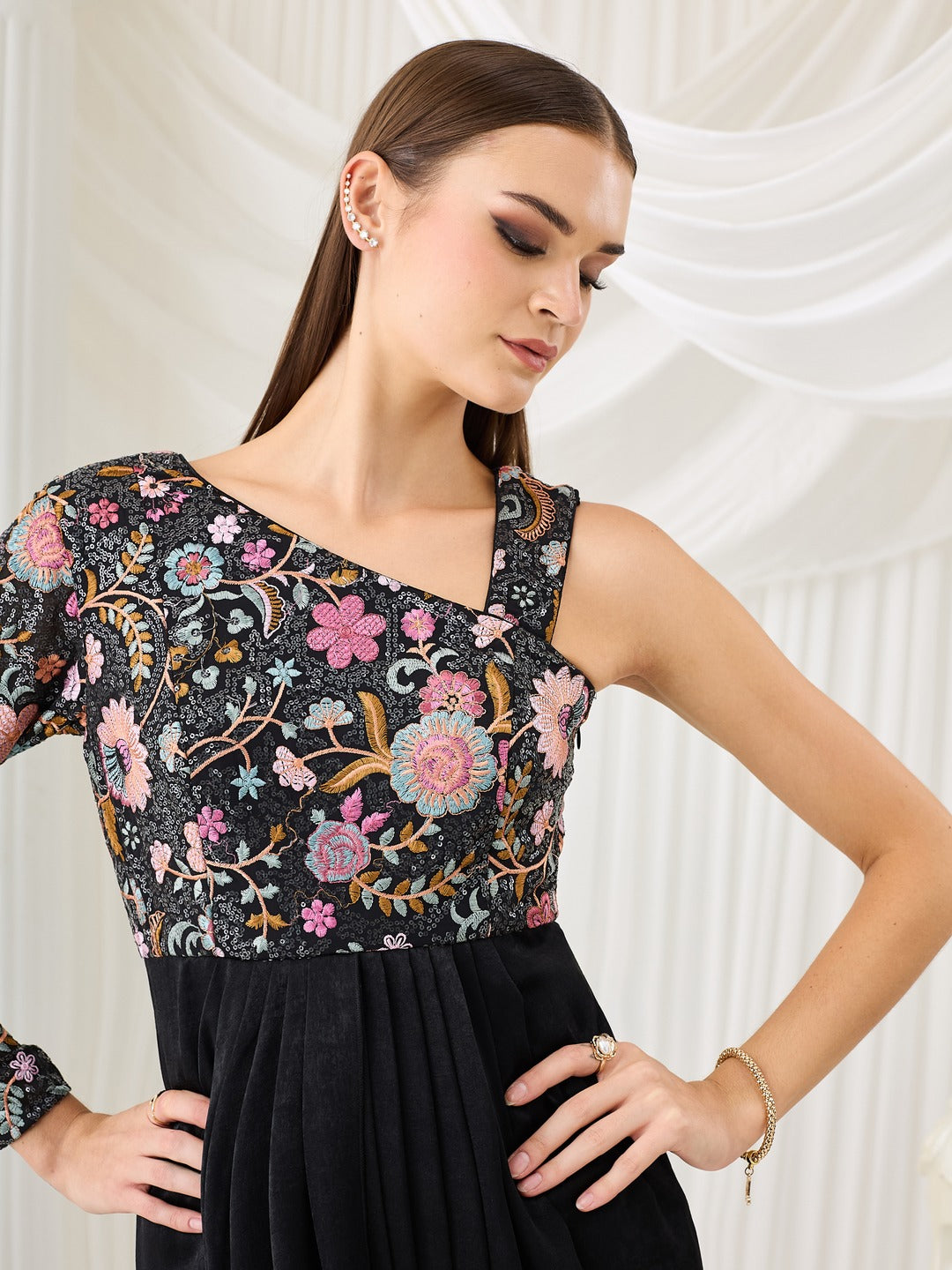 Luxe Satin Gown in Black with One-Shoulder Embroidery & Full Sleeve for Women
