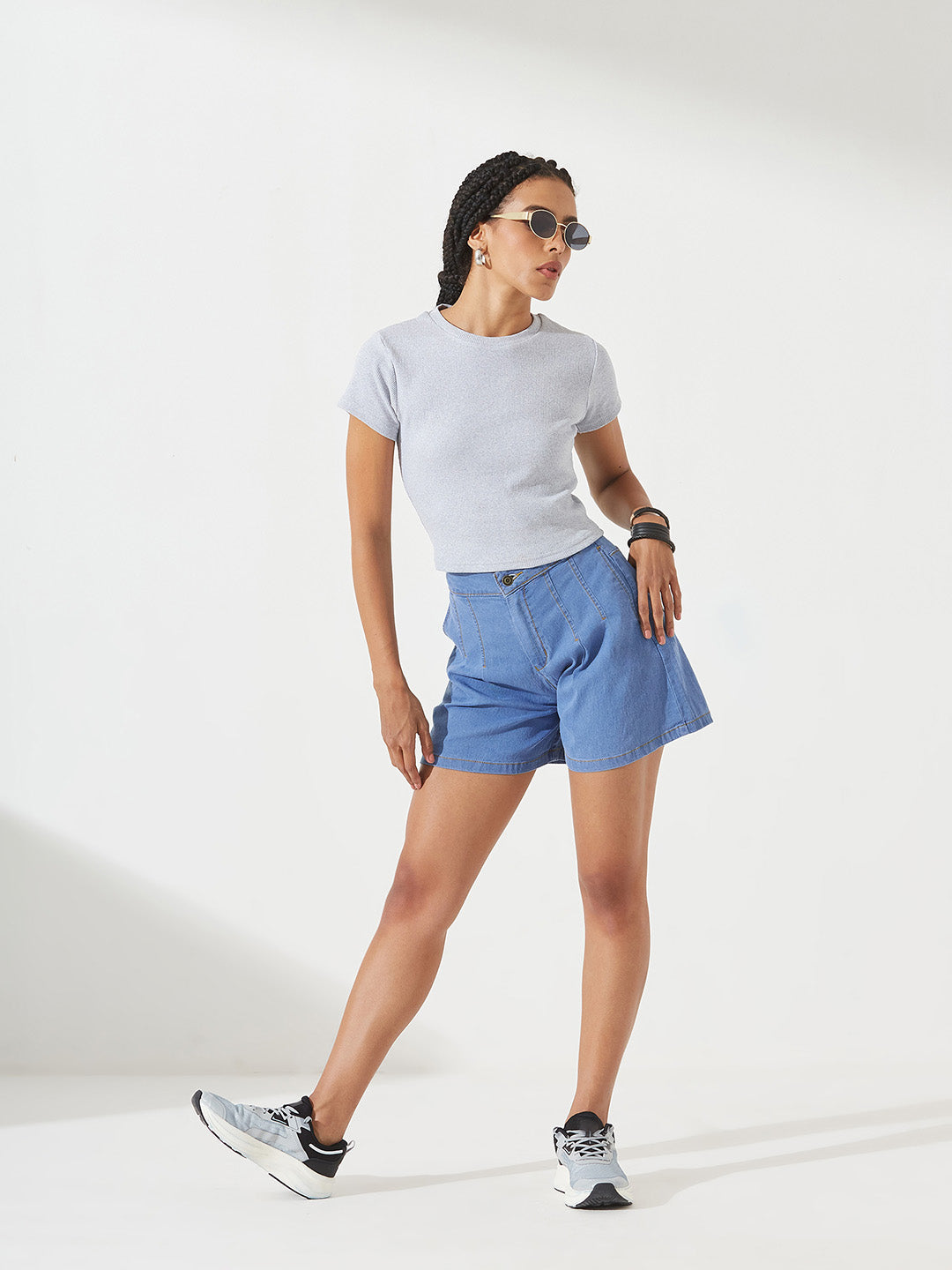 Blue Flared High-Rise Regular-Length Stretchable Special Light-Weight Denim Shorts for Women