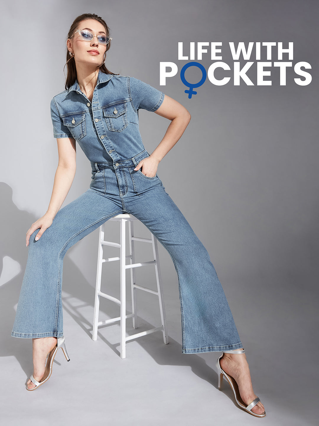 Women's Blue Flared High-Rise Regular Stretchable Denim Jumpsuit