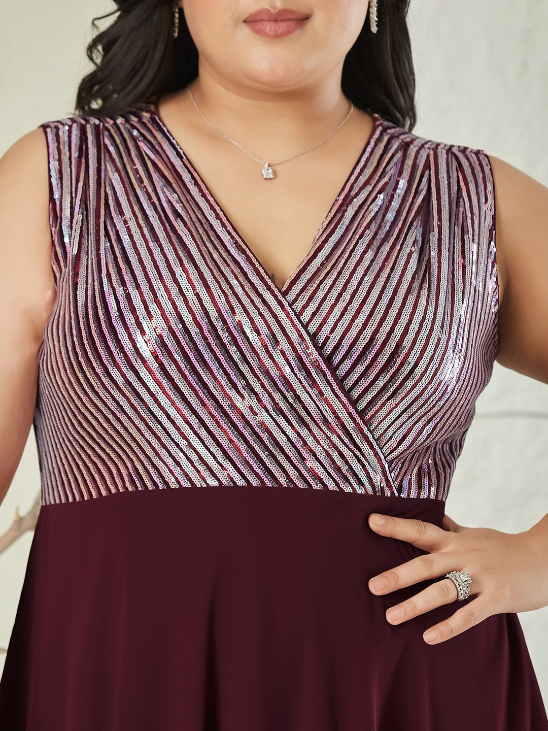 Wine V-Neck Sleeveless Embellished Wrap-Styled Maxi Georgette Dress for Women