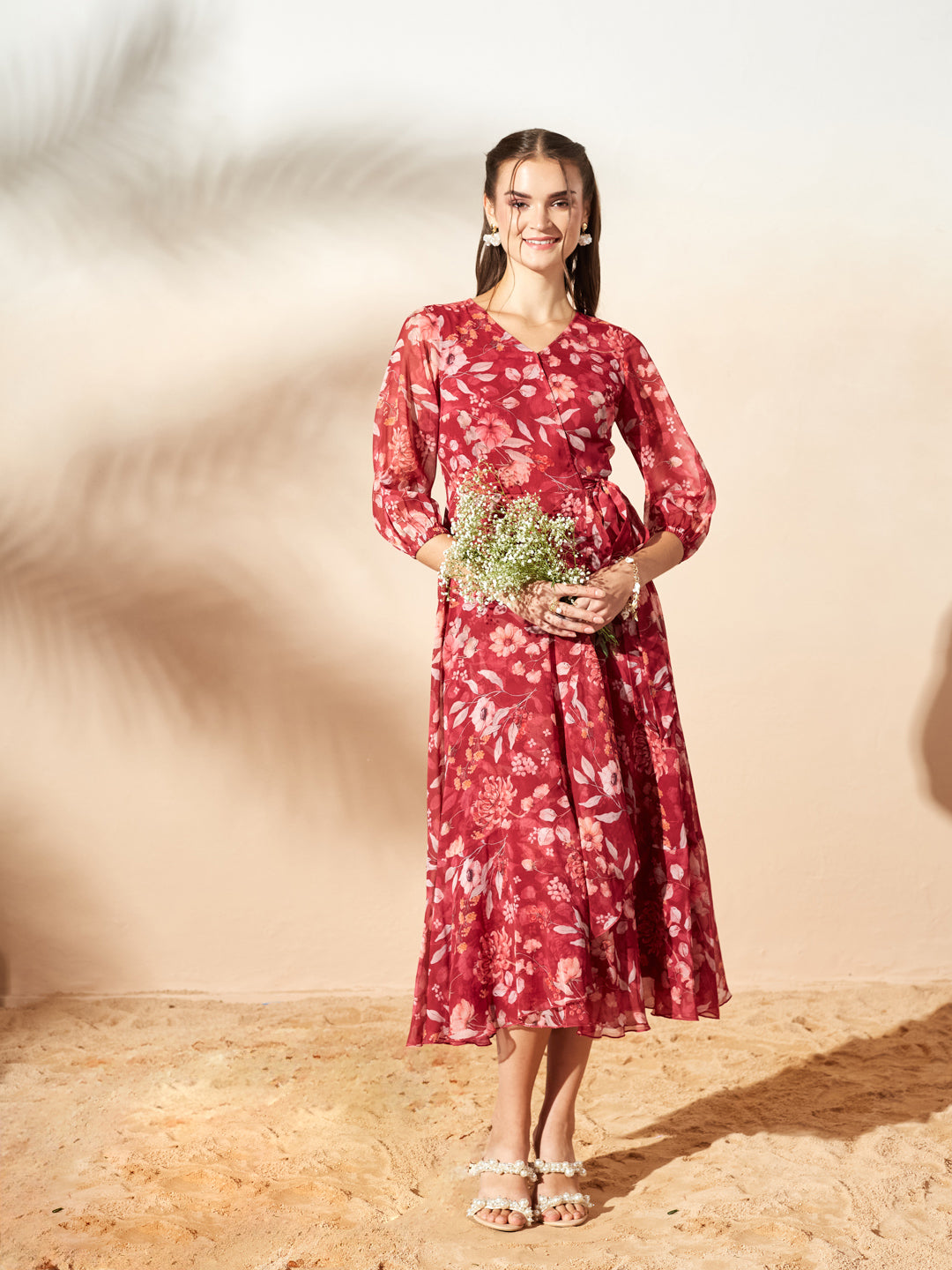 Women’s Multicolored Maroon Floral V-Neck 3/4 Sleeve Wrap Midi Chiffon Dress for Women — Miss Chase