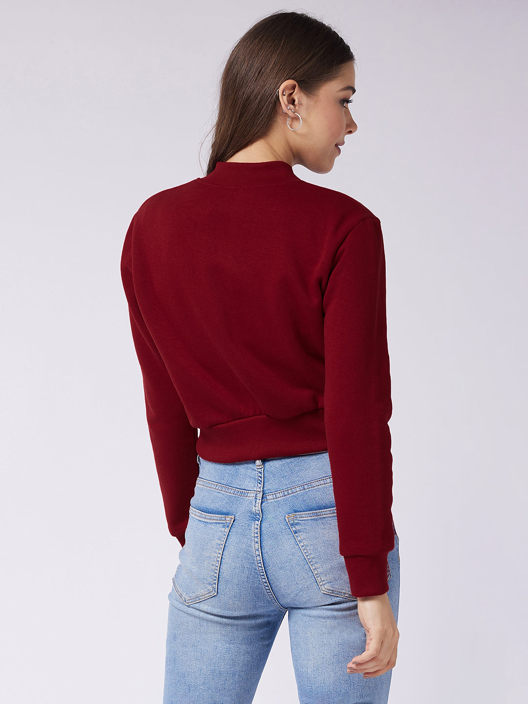 Women's Maroon Stand Collar Full Sleeve Solid Boxy/Bomber Crop Jacket