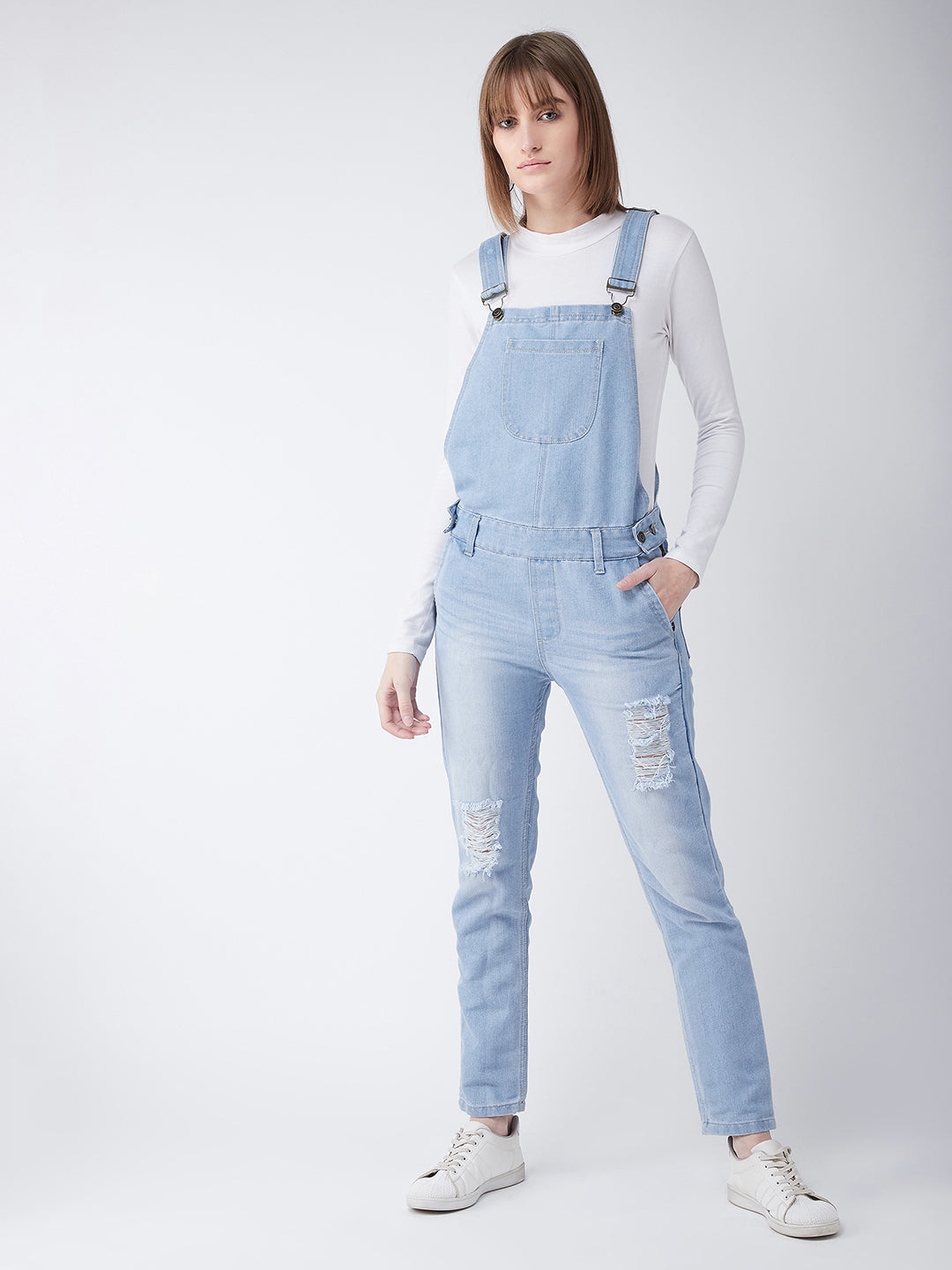 Women's Light Blue Regular Fit Mid Rise Ripped Denim Dungaree