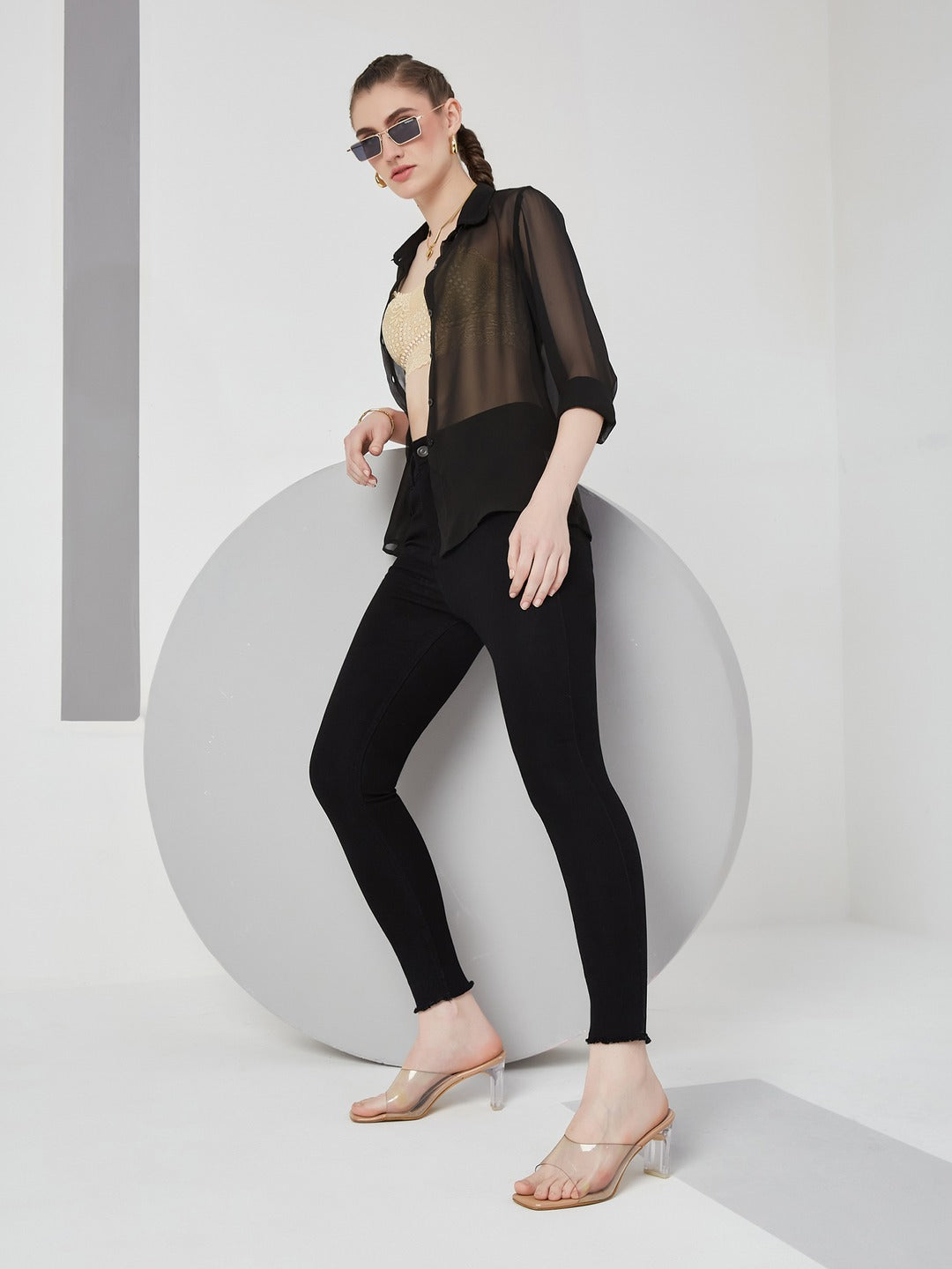 Black Skinny Fringed Detailing high-rise Solid Cropped Stretchable Denim Jeans for Women
