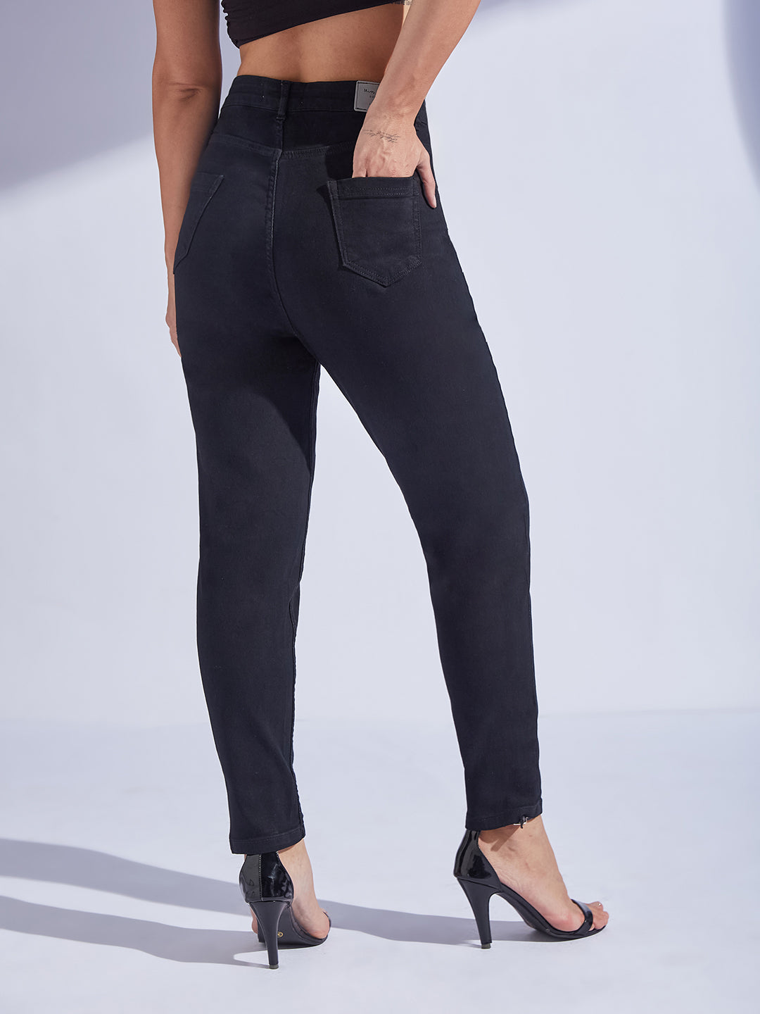 Women's Black High-Rise Regular-Length Stretchable Denim Mom'S Jeans