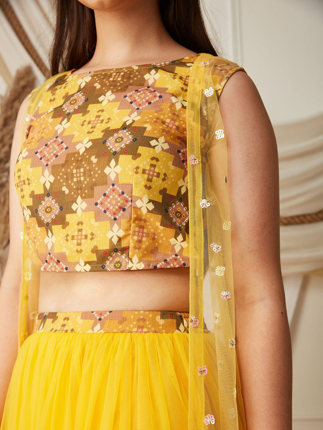 Multicolored-Base-Mustard Boat-Neck Sleeveless Embellished Fit & Flare Regular Fusion Set