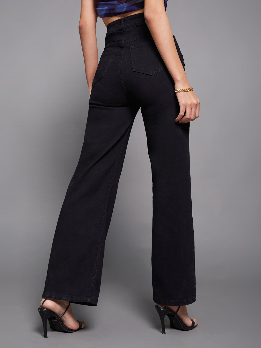 Women's Black Wide Leg High Rise Clean Look Regular-Length Stretchable Denim Jeans