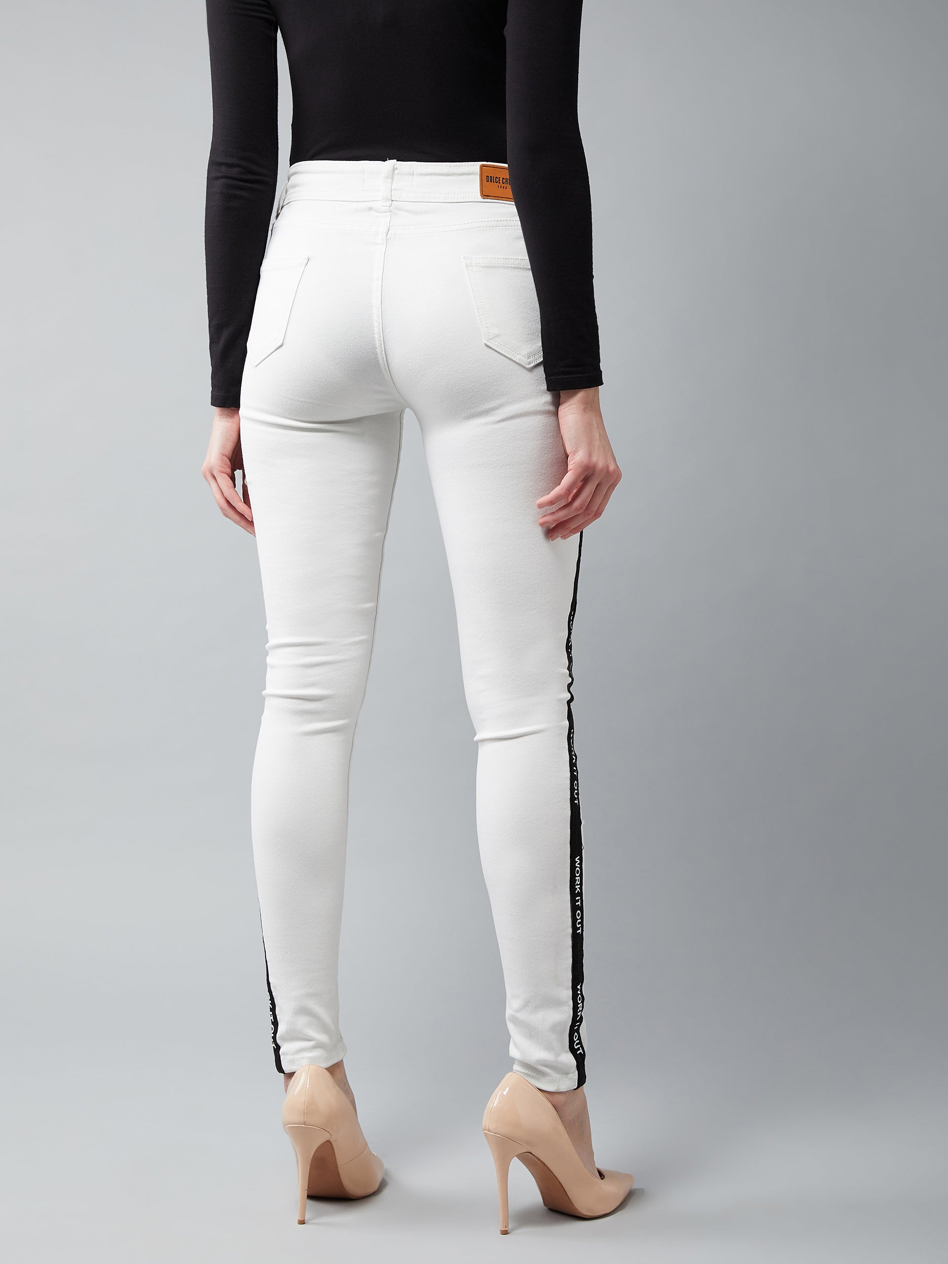 Women's White Skinny Mid Rise Clean Look Printed Twill Tape Detailing Bleached Regular Length Stretchable Denim Jeans