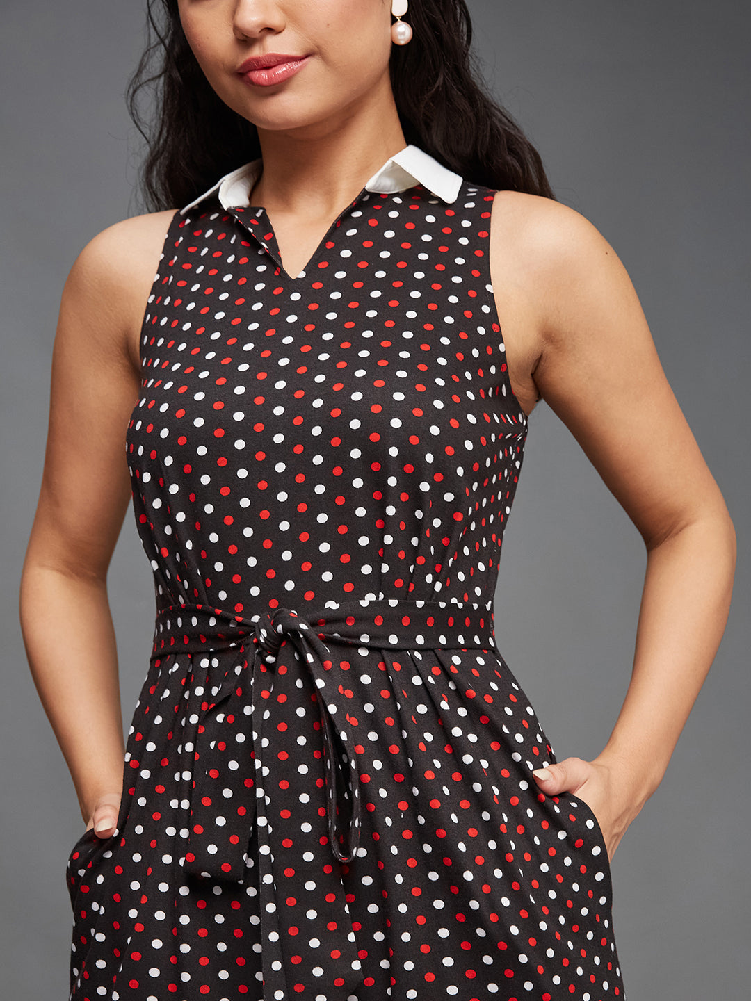 Women's Multicolored-Base-Black Shirt Collar Sleeveless Polka Dot Waist Tie-Up Pure Cotton Regular-Length Jumpsuit