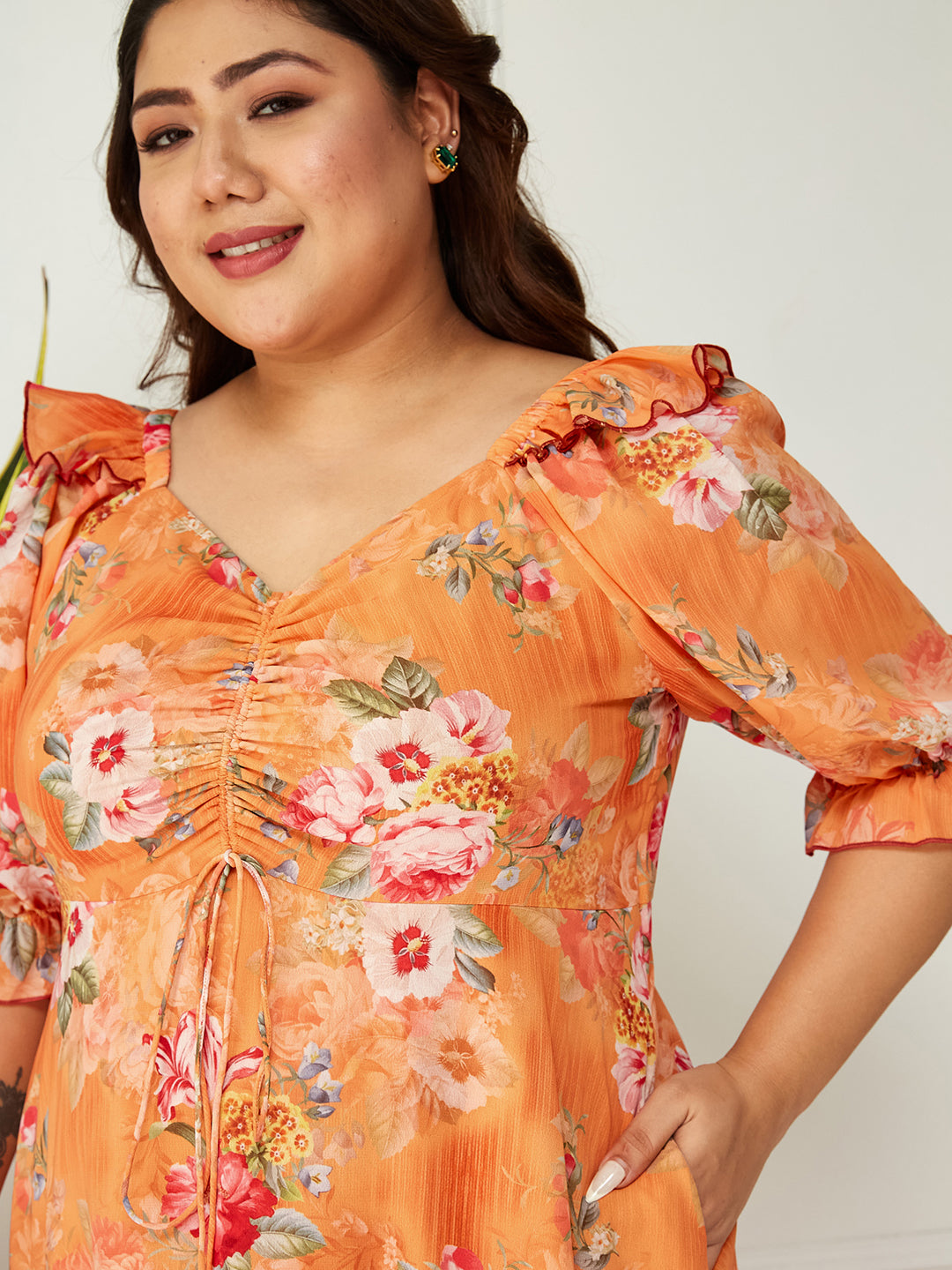 Women's Multicolored-Base-Orange V-Neck Puff Sleeve Floral Ruching Ankle-Length Dress