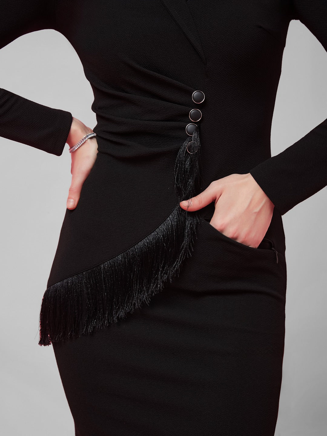 Black Solid Collared Neck Full Sleeve Polyester Bodycon Knee Length Dress for Women