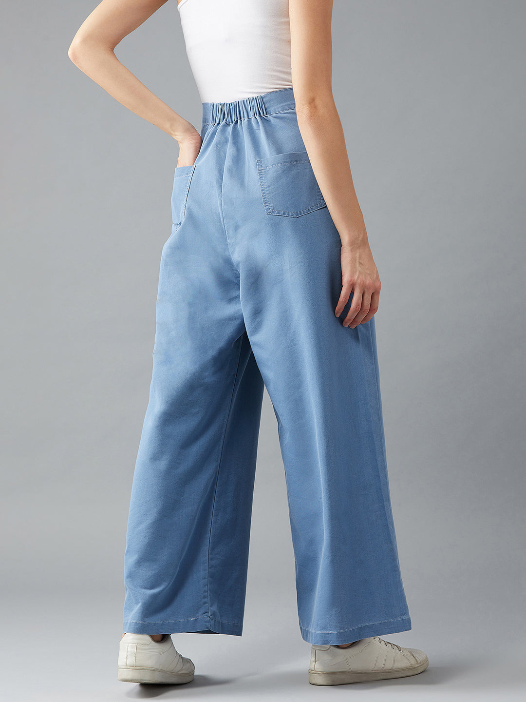 Women's Blue Flared Wide-Leg High Rise Light Weight Non Stretchable Denim Pants