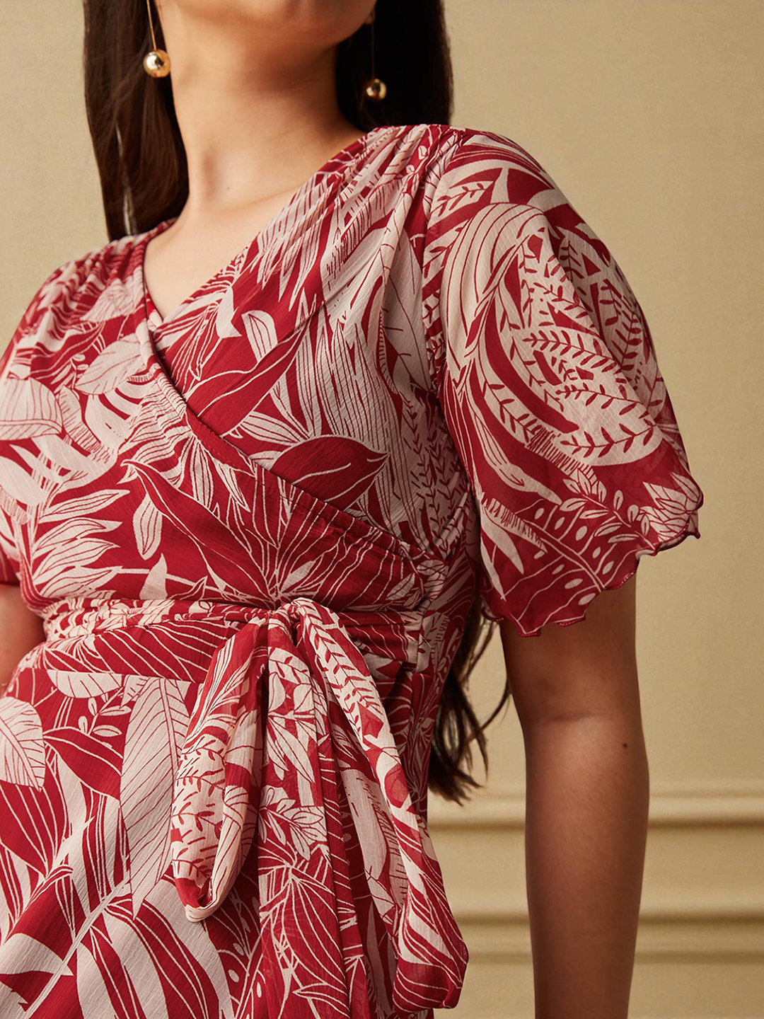 Multicolored-Base-Maroon V Neck Flared Sleeve Floral Wrap Maxi Dress for Girls/Teenagers for Women — Mizuki