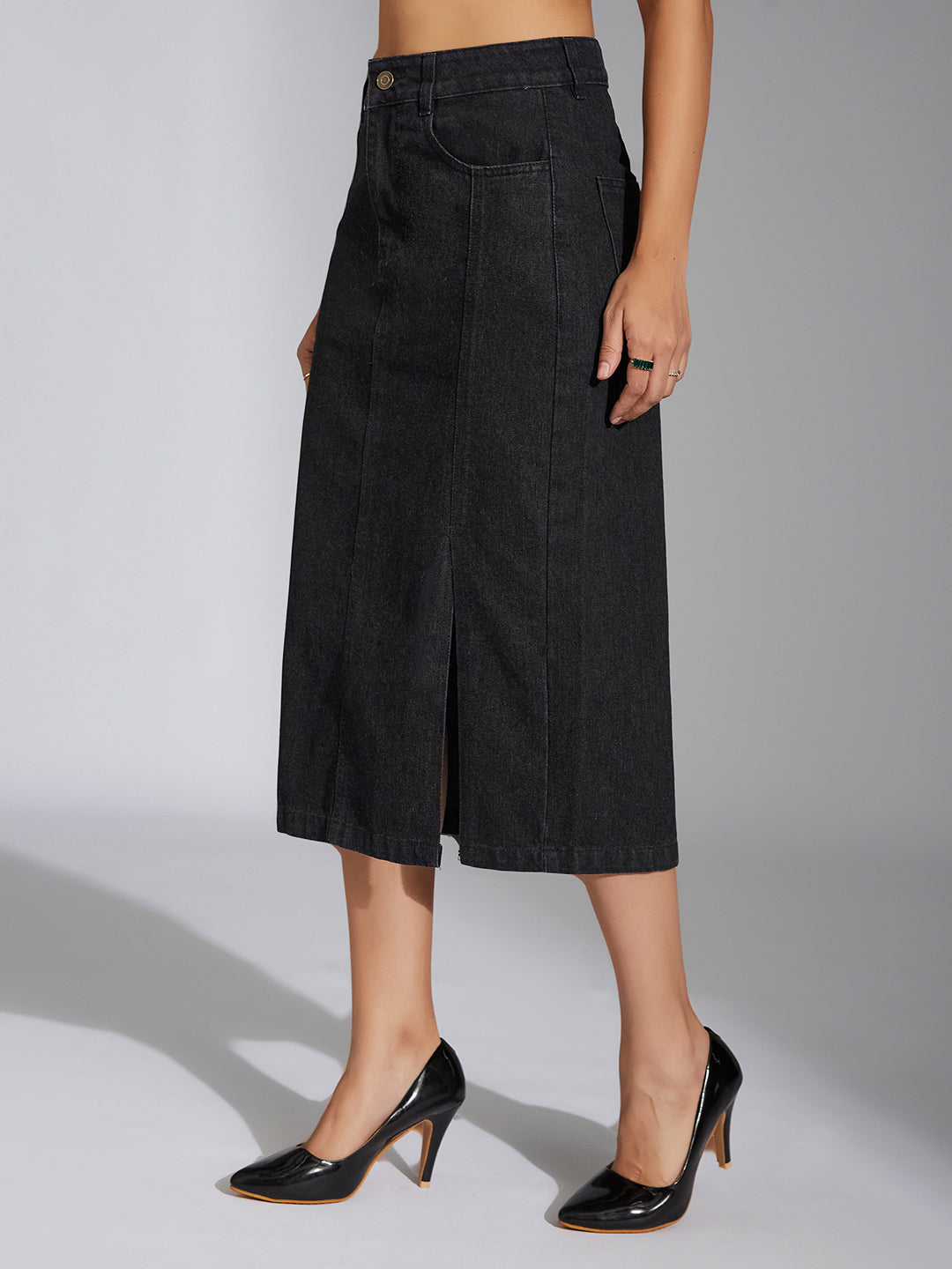 Women's Black Straight-Fit High-Rise Clean-Look Stretchable Denim Midi Skirt