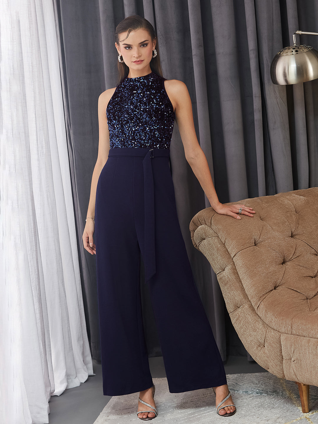 Women's Navy Blue Halter Neck Sleeveless Embellished Regular-Length Jumpsuit