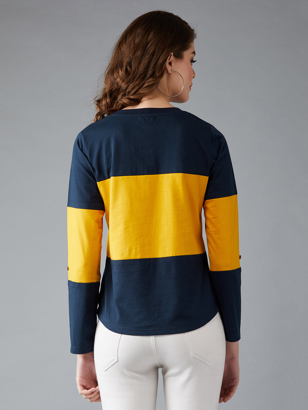 Women's Navy Blue and Mustard Round Neck Full Sleeve Solid Paneled Regular T-Shirt