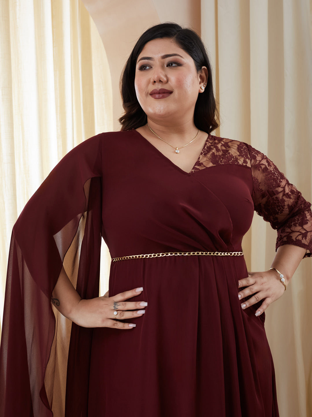 Wine V-Neck Three-Quarter Sleeve Self-Designed Asymmetric Georgette Maxi Dress for Women