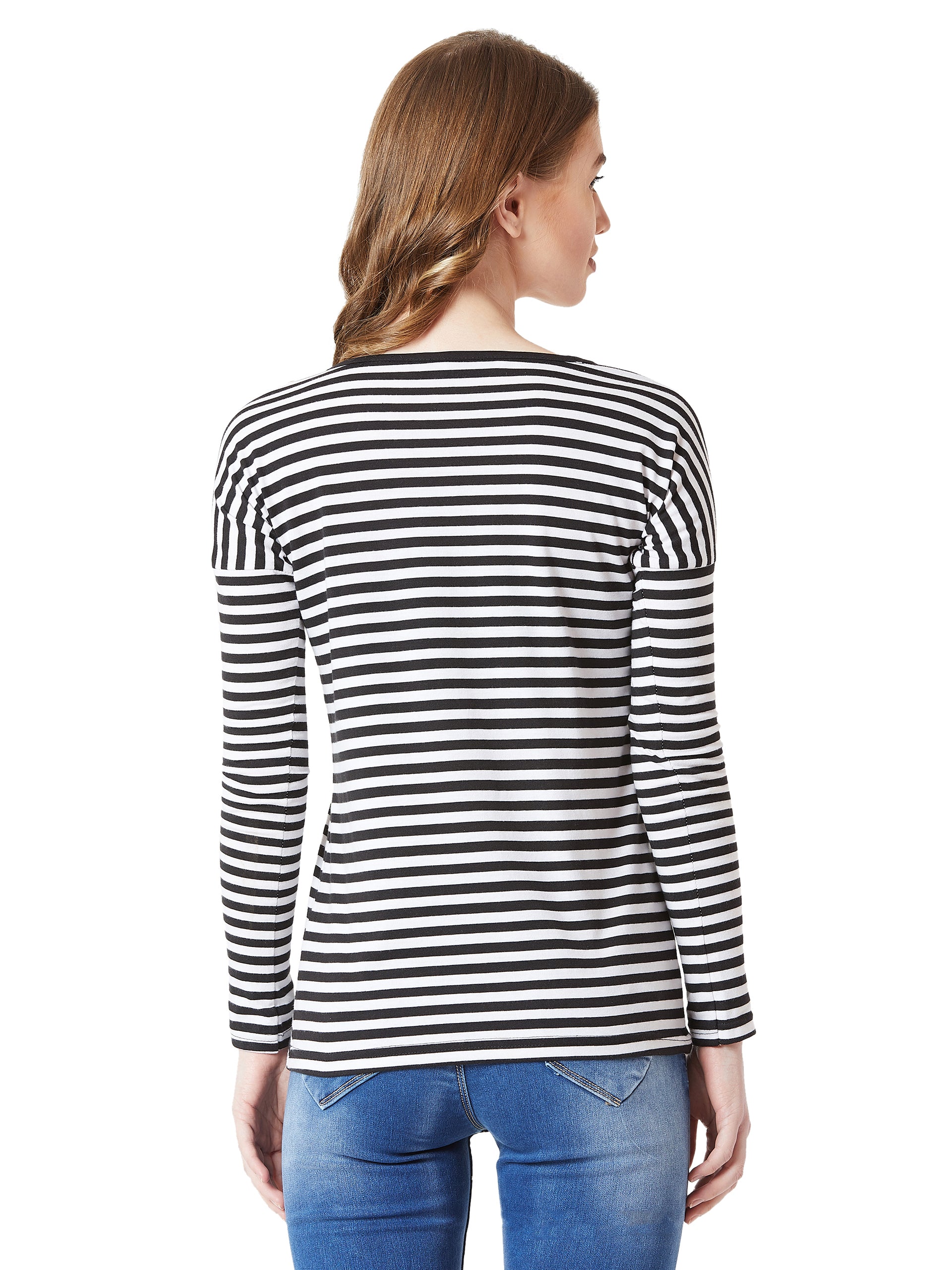 Women's Black and White Round Neck Full Sleeve Cotton Striped Eyelet Detailing Pocket Top