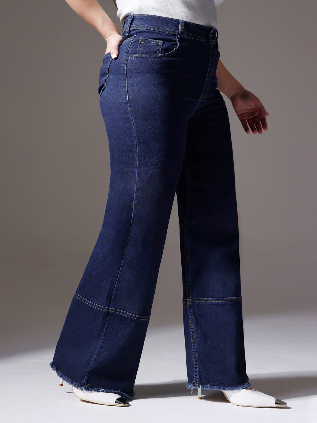 Women's Navy Blue Wide-Leg High-Rise Stretchable Denim Jeans