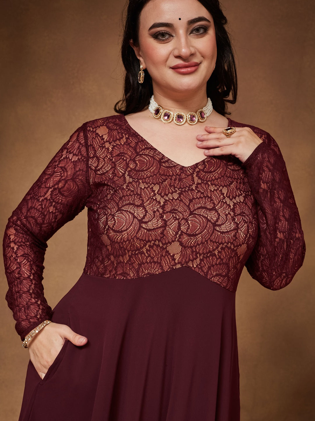 Wine V-Neck Full Sleeve Self Design Lace-Overlaid Georgette Maxi Dress for Women
