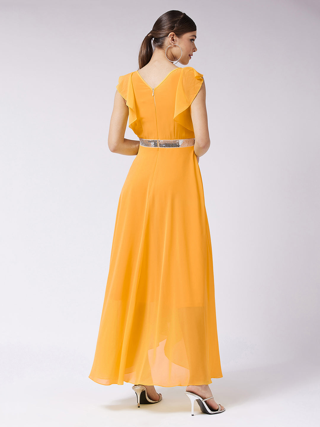 Women's Mustard V-Neck Ruffled Sleeve Silver Sequined Party Maxi Dress