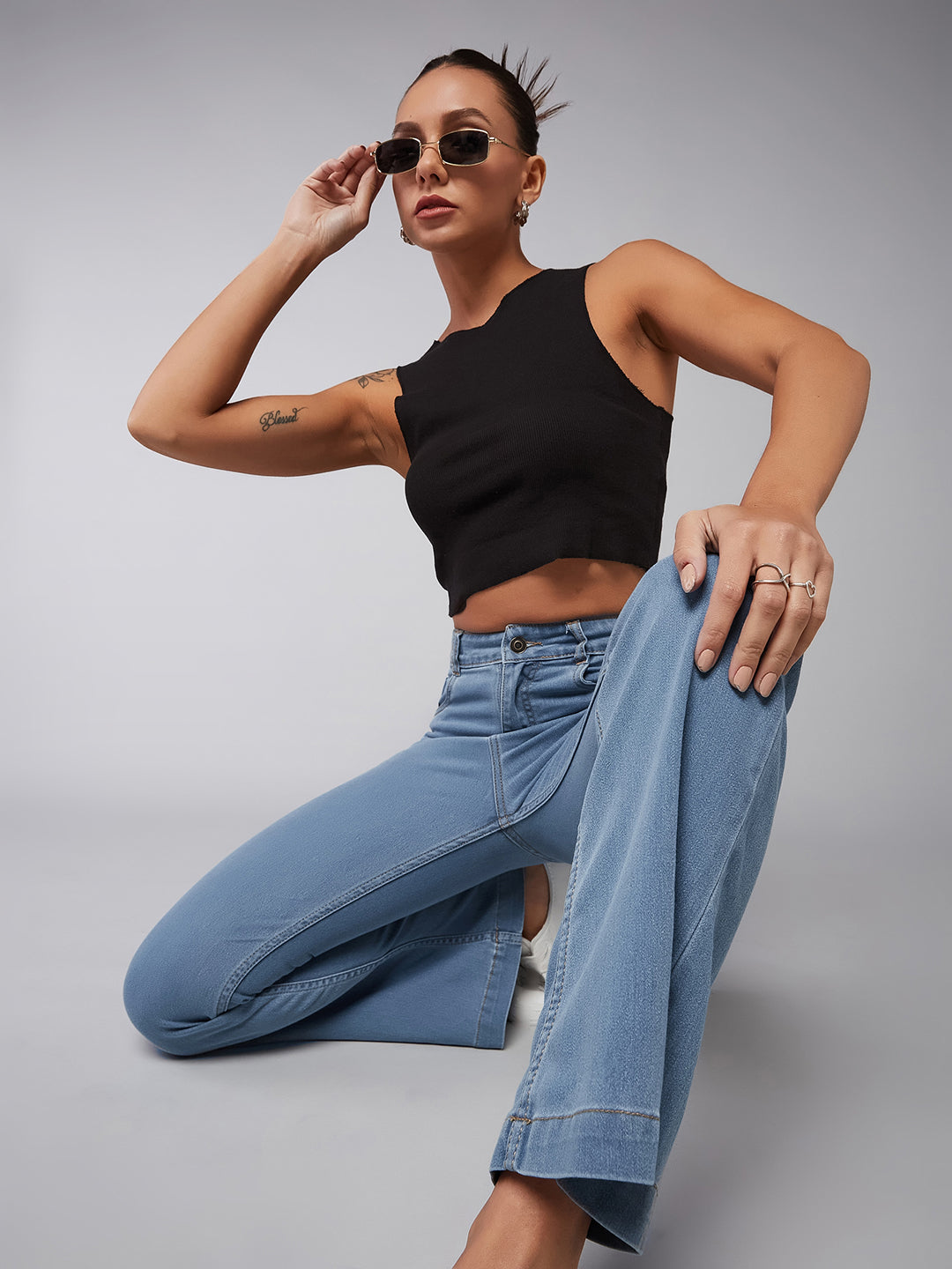 Women's Light Blue Bootcut High-Rise Clean-Look Regular Stretchable Denim Jeans