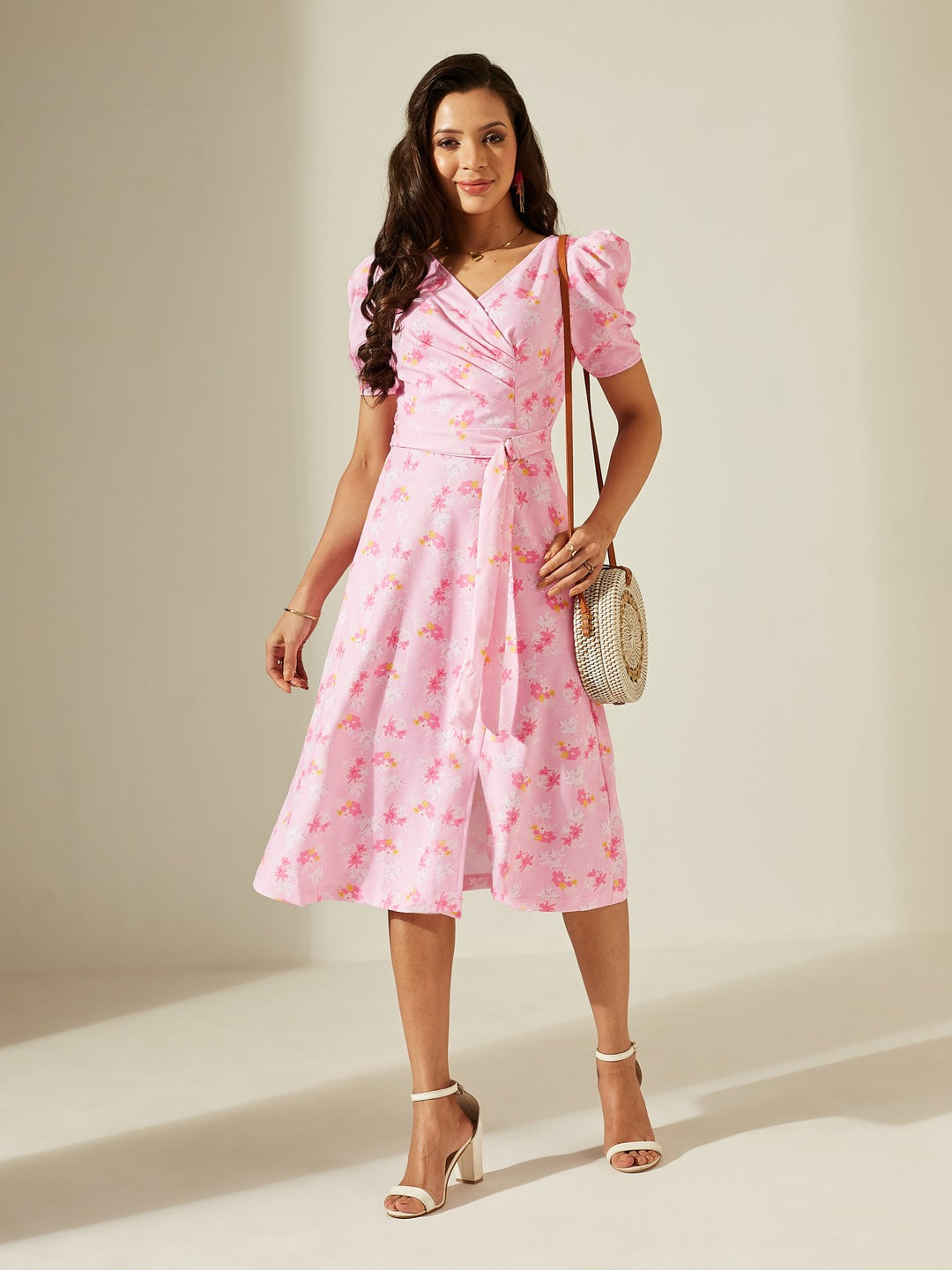 Pink V-neck Puff Sleeve Floral Wrap Midi Dress for Women