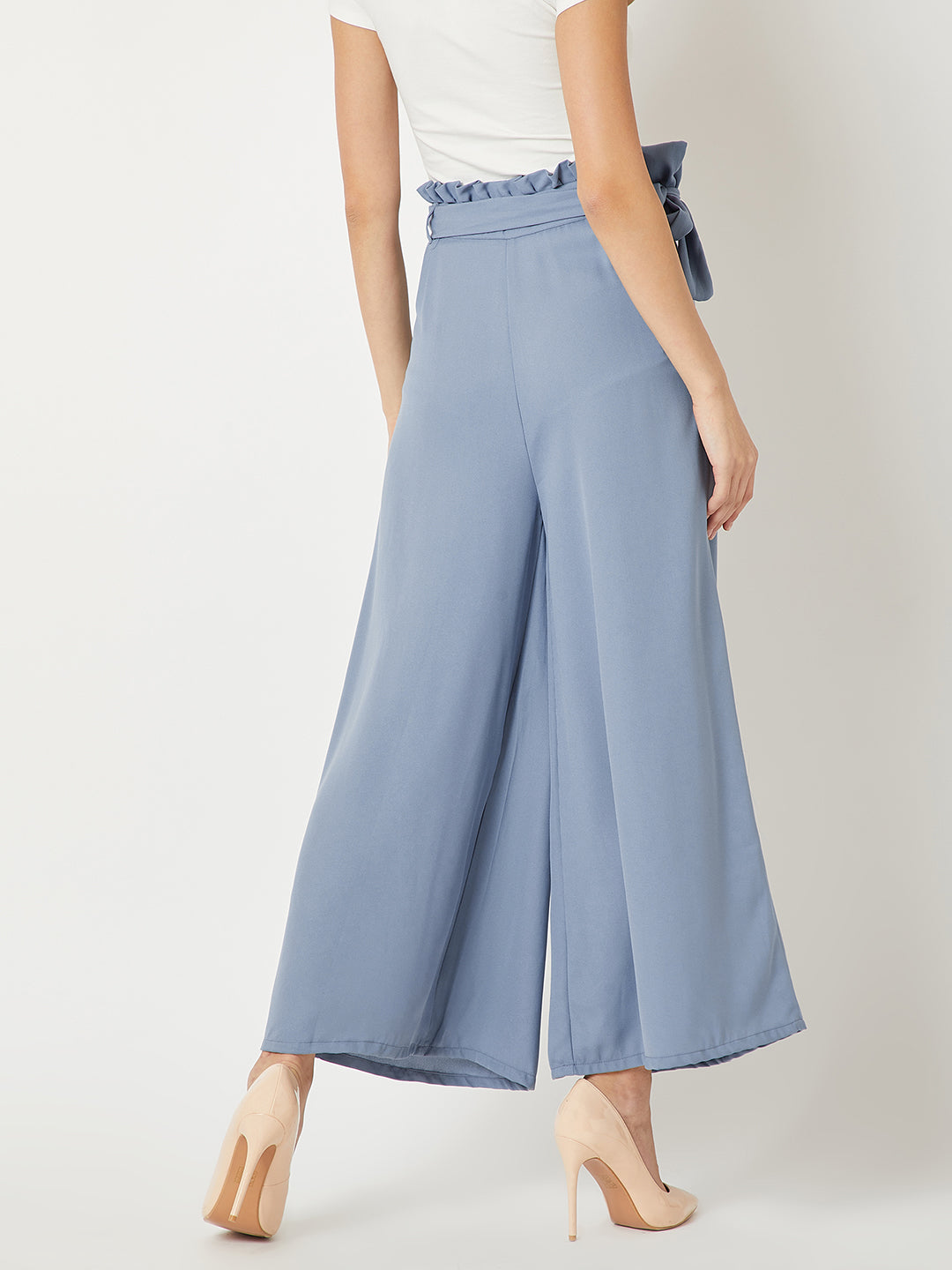 Women's Blue Solid Regular Length Pleated Wide Leg Paper bag Flare Trouser