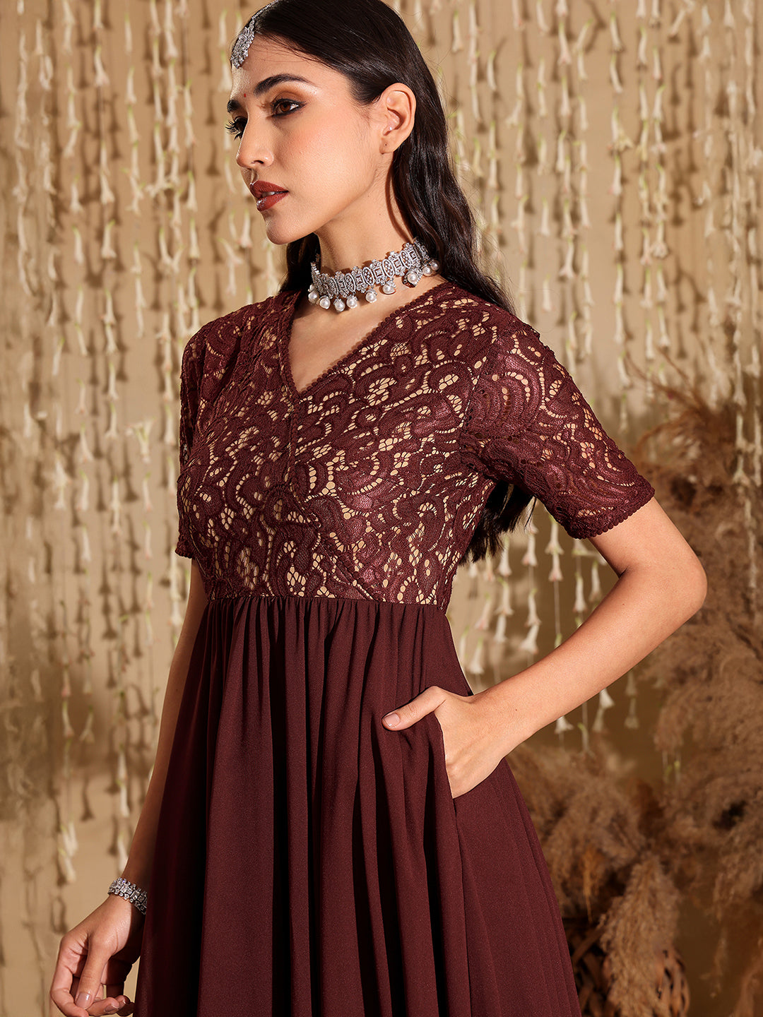 Women's Wine V-Neck Half Sleeve Self Designed Wrap Georgette Maxi Dress