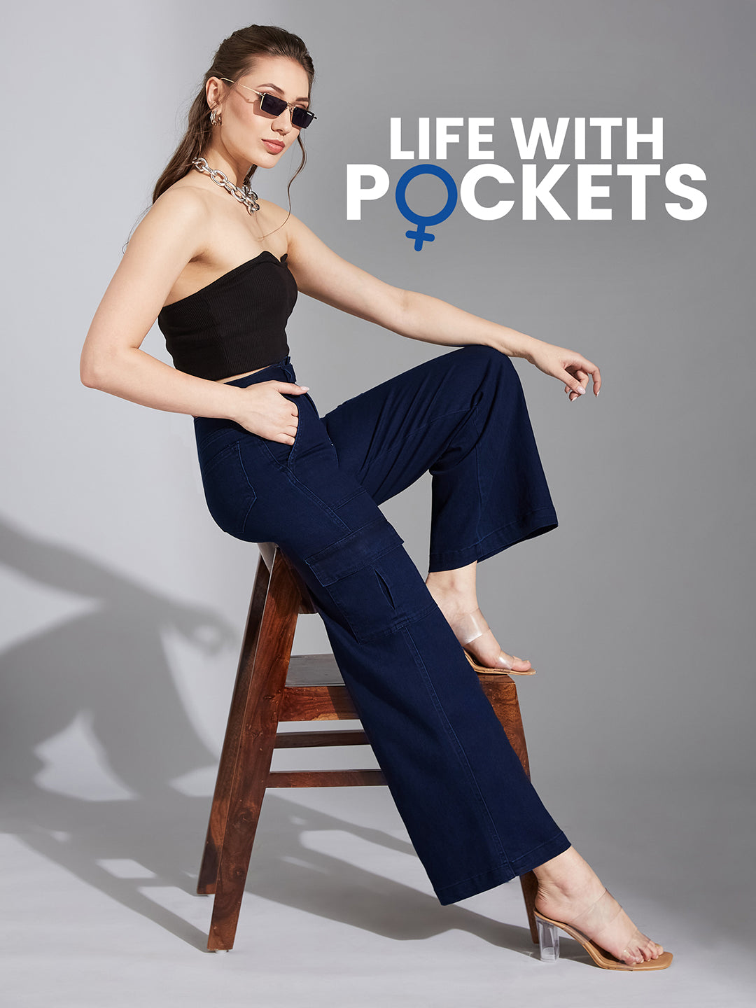 Women's Navy Blue Wide-Leg High-Rise Clean-Look Regular Stretchable Cargo Denim Jeans