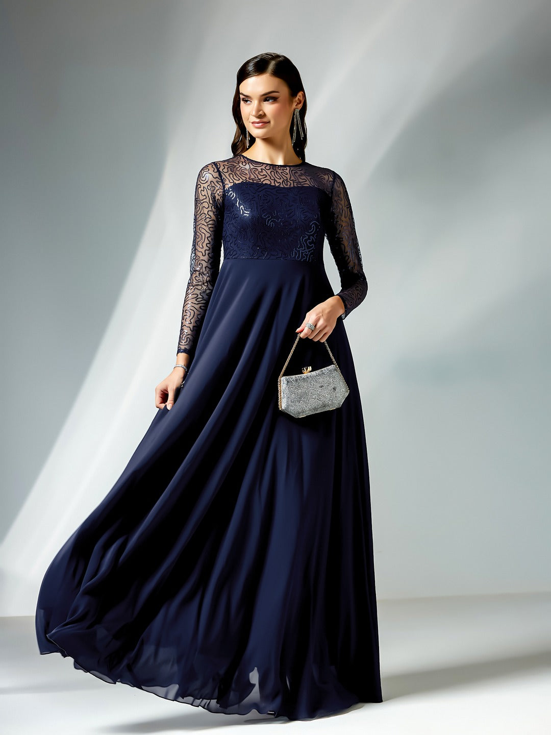 Navy-Blue Solid Embellished Maxi Dress for Women