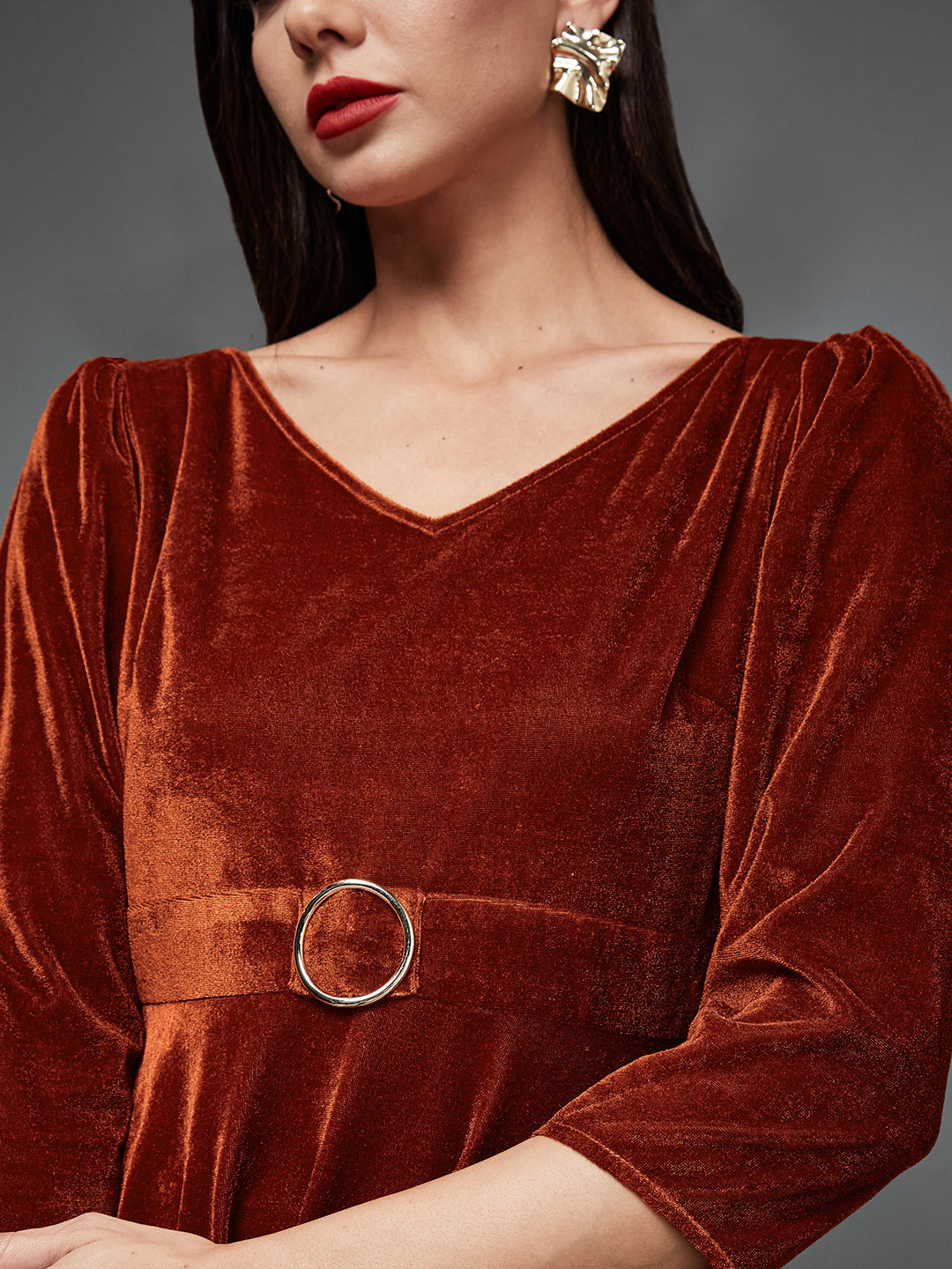 Rust V-Neck Three-Quarter Sleeve Solid Fit & Flare Midi Velvet Dress for Women
