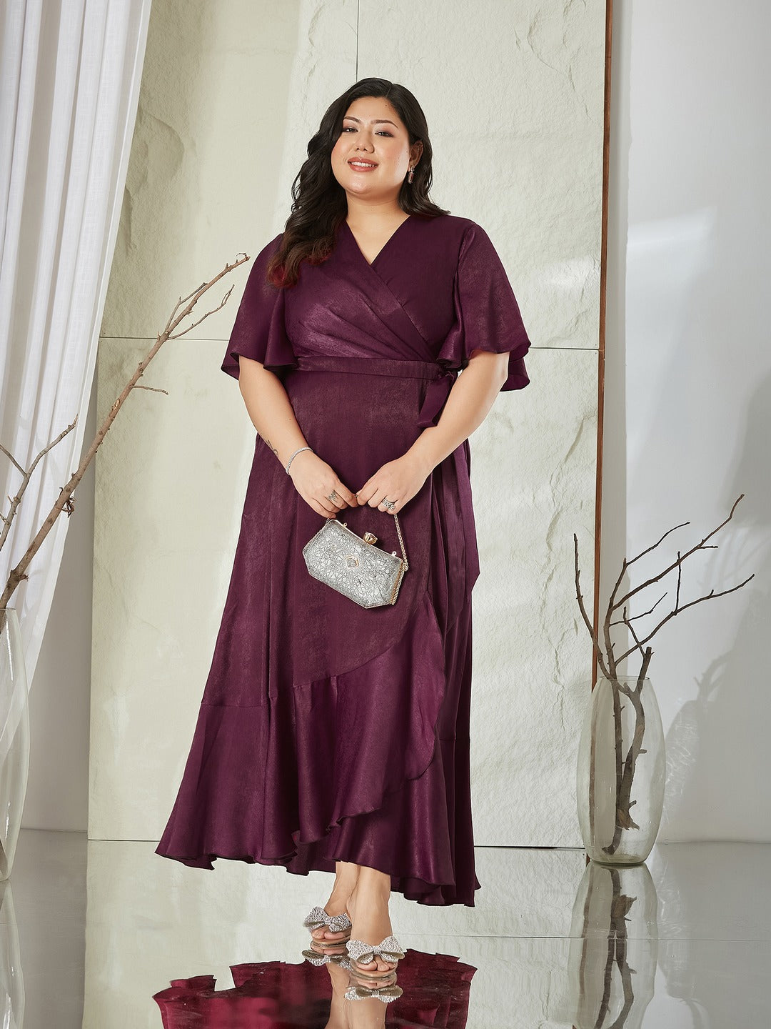 Mauve Relaxed Fit Maxi Georgette & Sequins Dress for Women