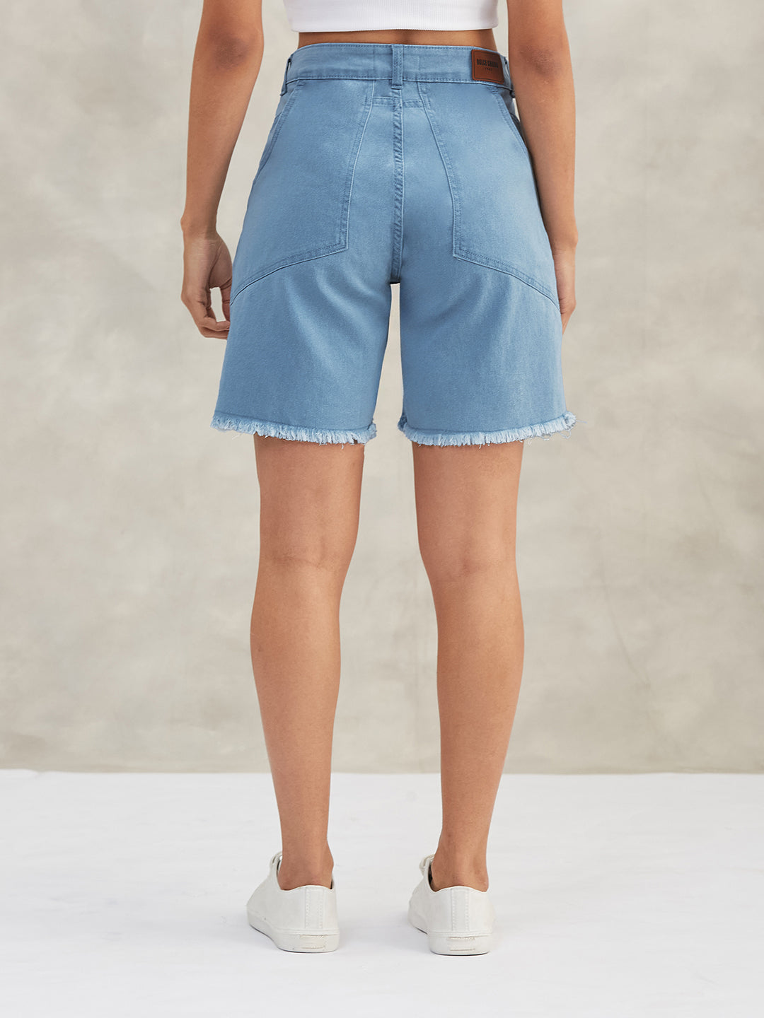 Light Blue High-Rise Above-Knee Stretchable Denim Shorts for Women