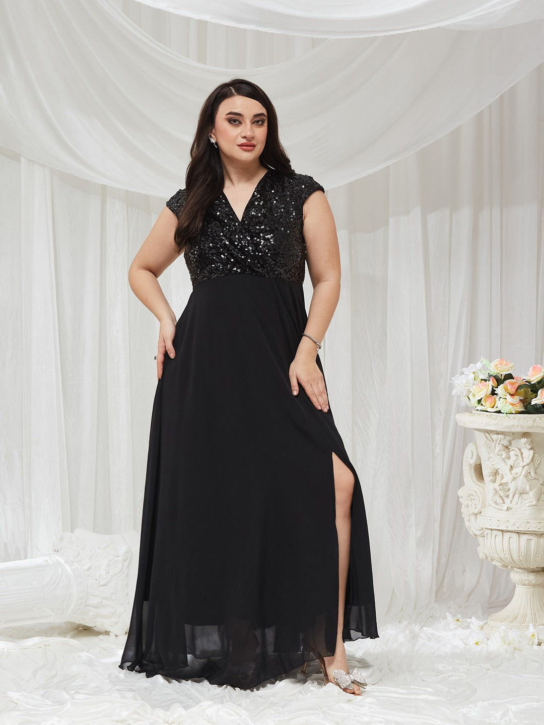 Black V-Neck Cap Sleeved Solid Wrap Maxi Dress for Women — Miss Chase A+