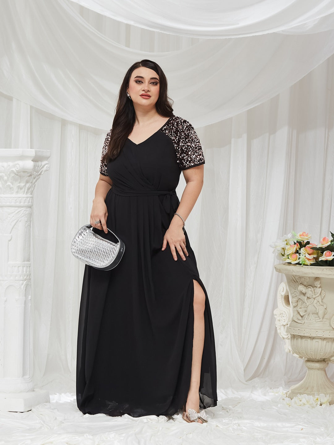 Black V-Neck Raglan Embellished Wrap & Tie-up Maxi Dress for Women — Miss Chase A+