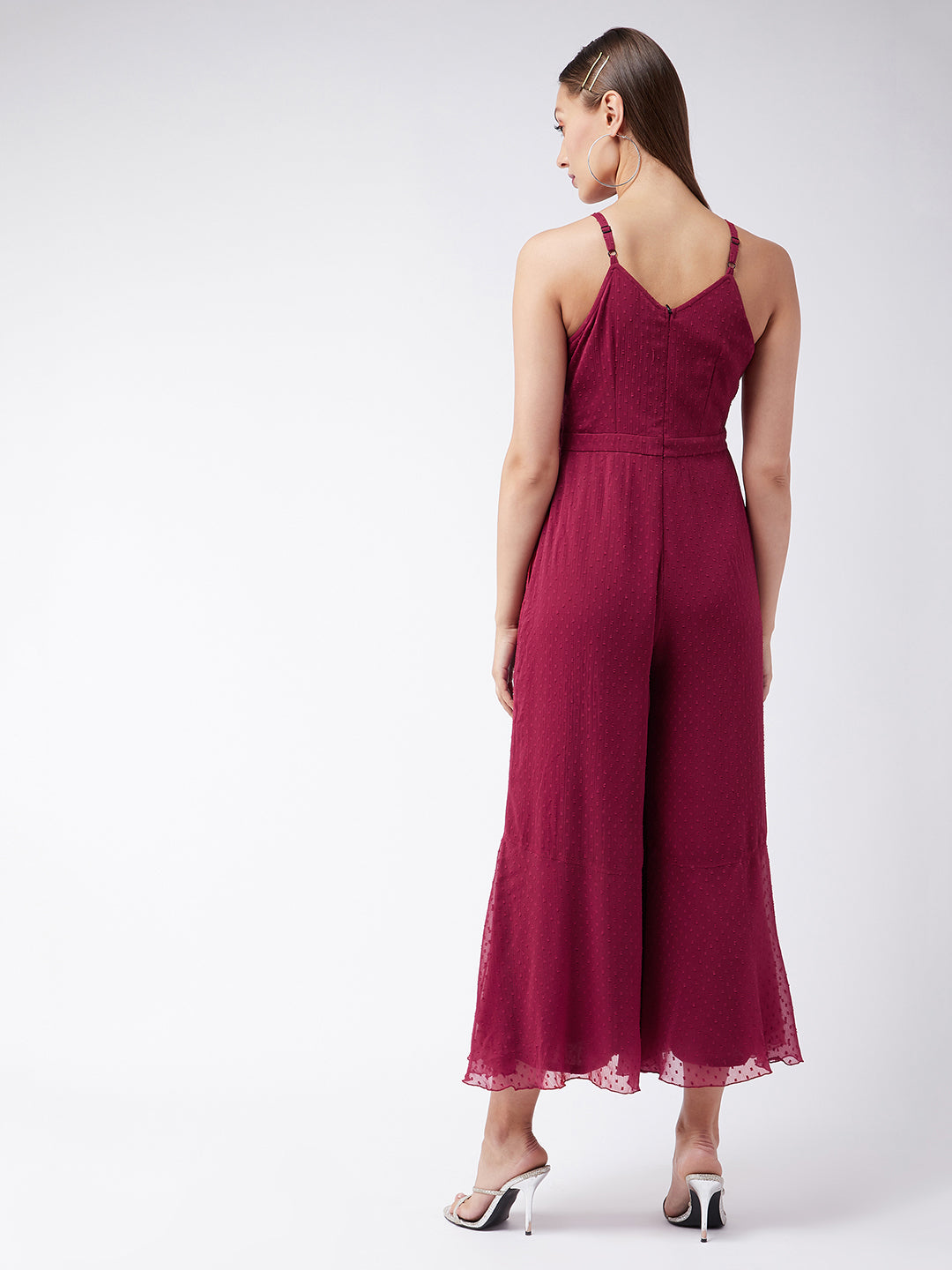 Women's Maroon Halter Neck Sleeveless Solid Ruffled Regular Jumpsuit