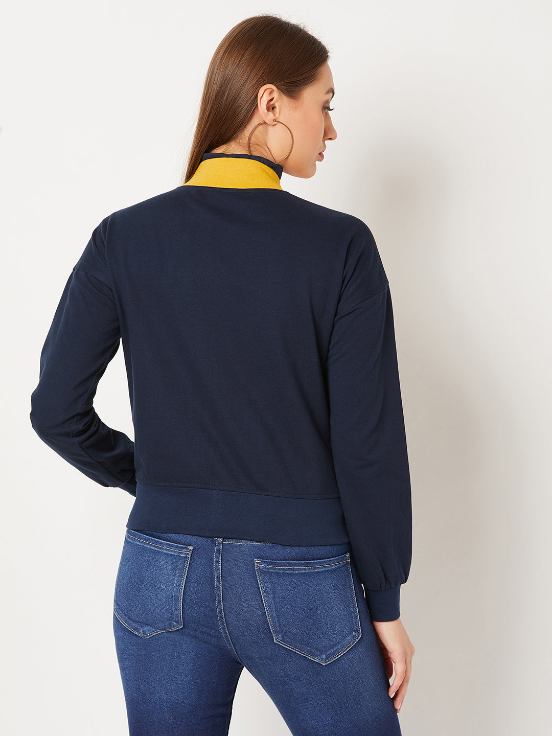 Multicolored-Base-Navy-Blue Turtle-neck Full sleeved Solid Color-Block Jacket for Women — Miss Chase