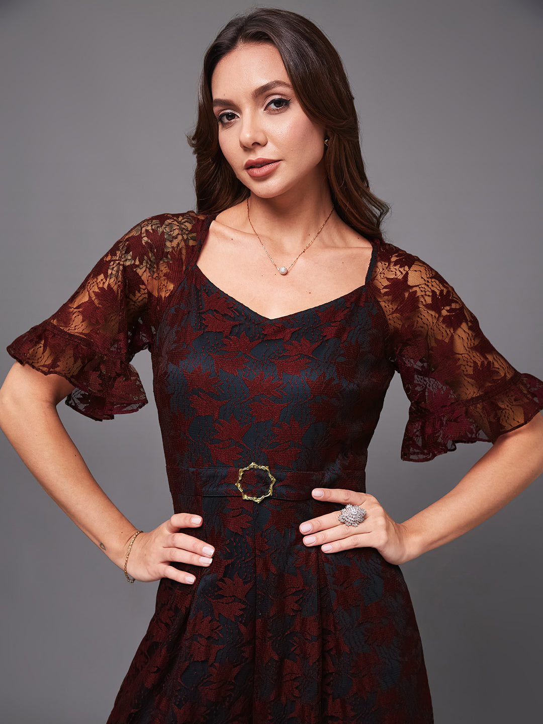 Women's Wine & Teal V-neck Half Sleeve Self-Designed Lace Overlaid Jumpsuit