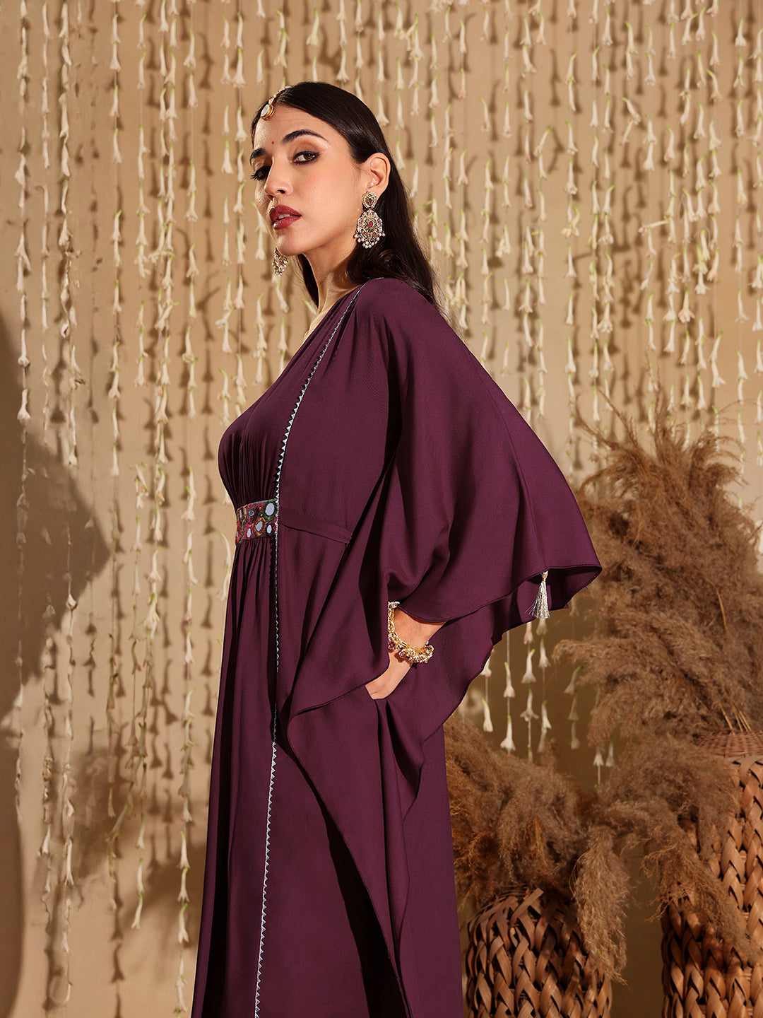 Women's Wine V-Neck 3/4 Sleeve Solid Viscose Rayon Maxi Kaftan Dress