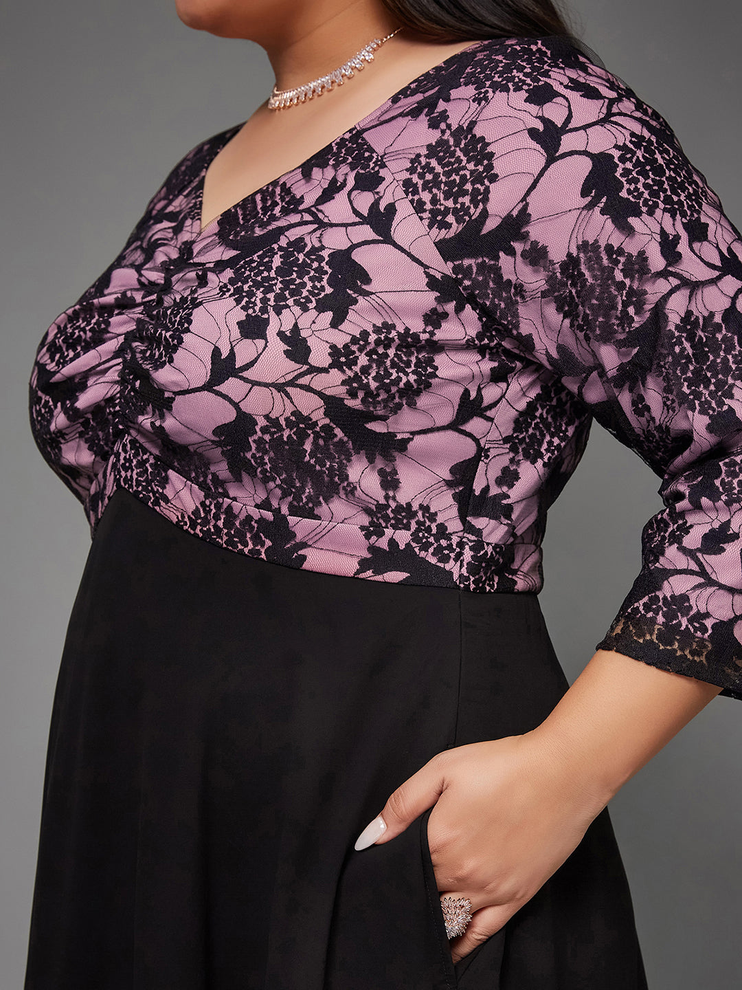 Black And Lavender Sweet heart neck 3/4 Sleeve Self Design Fit & Flare Maxi Dress for Women