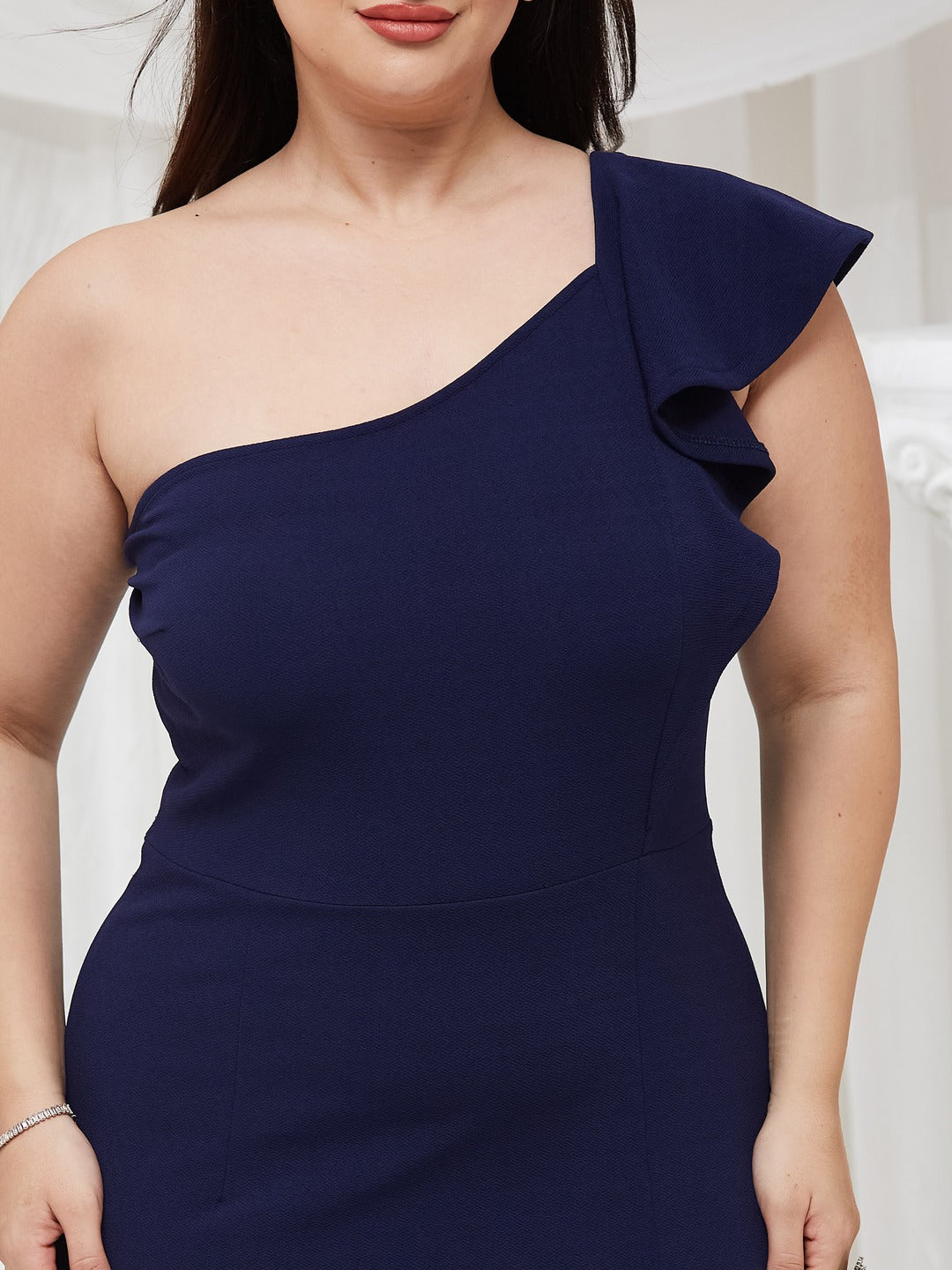 Navy Blue Solid One Shoulder Sleeveless Ruffled Maxi Dress for Women — Miss Chase A+