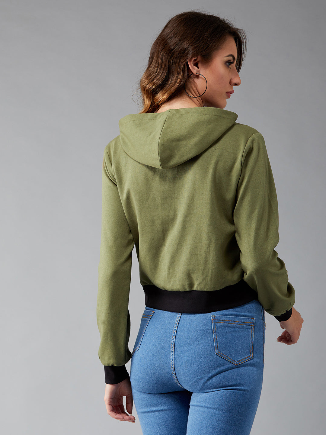 Women's Olive Green Round Neck Full Sleeves Cotton Solid Printed Boxy Regular Length Hooded Sweatshirt